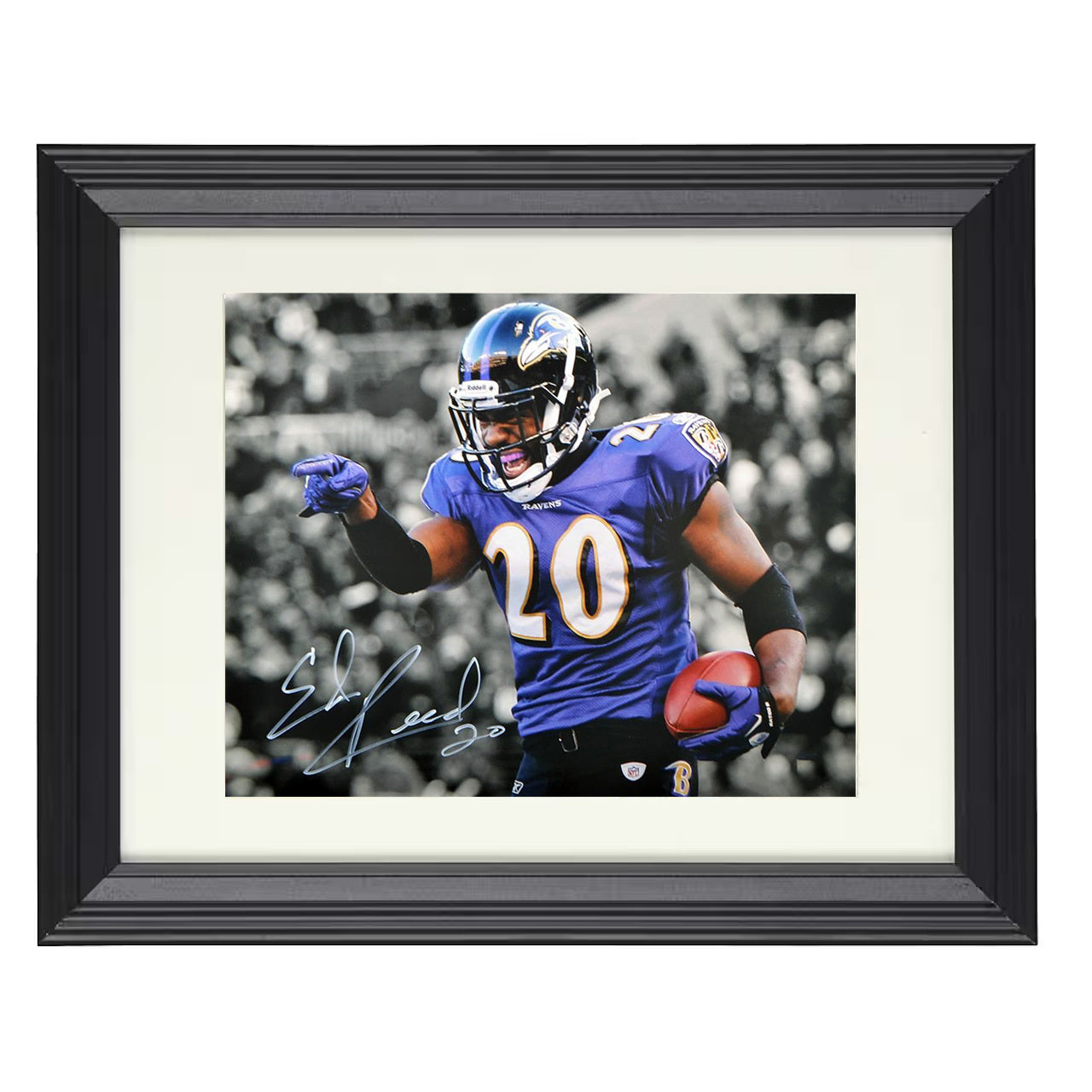 Ed Reed – Baltimore Celebration Point Spotlight – 8x10 black beveled framed football wall art
