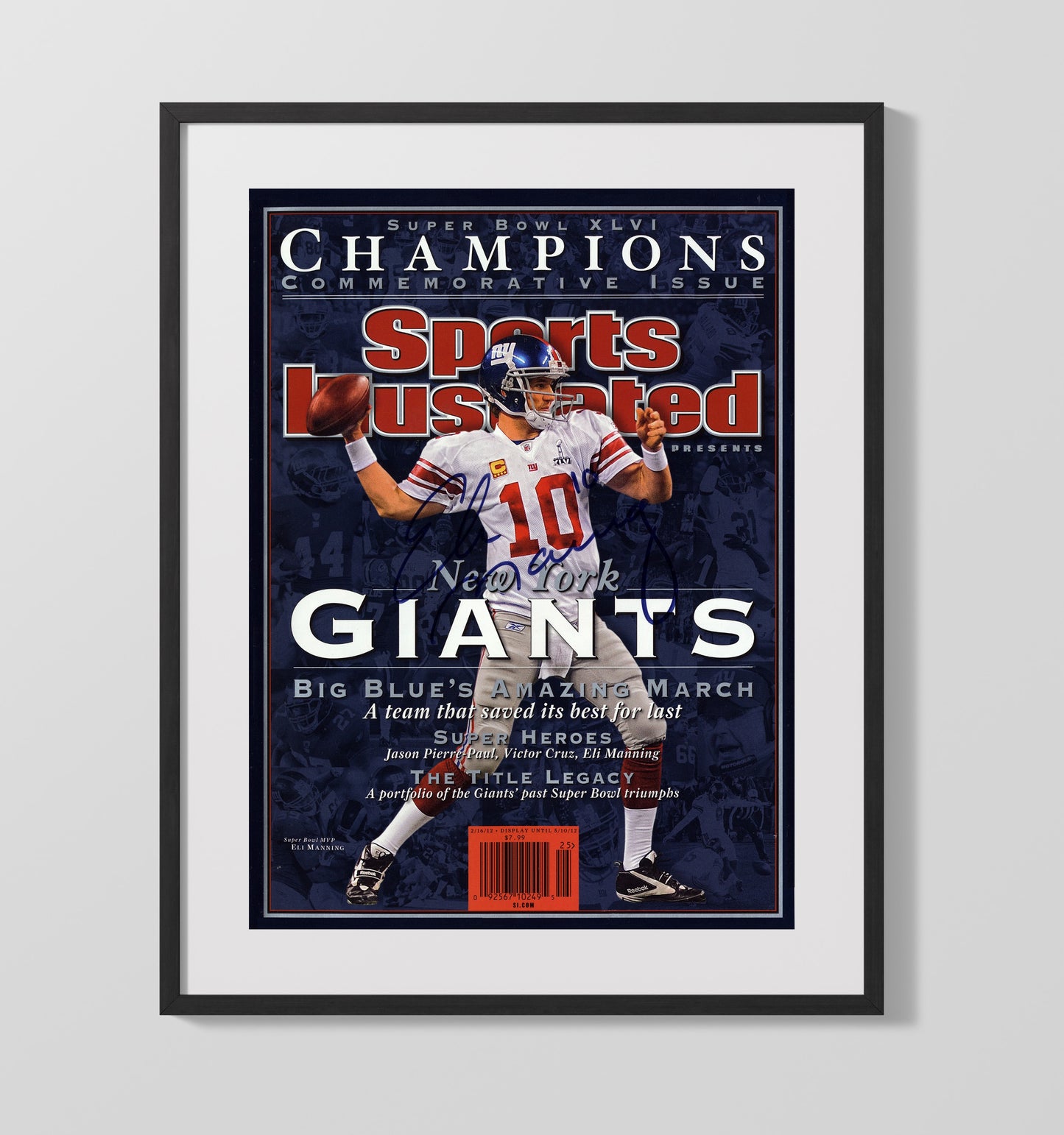 Eli Manning Super Bowl XLVI - Big Blue March Vintage Football Wall Art - 16x20 Gallery Frame football decor