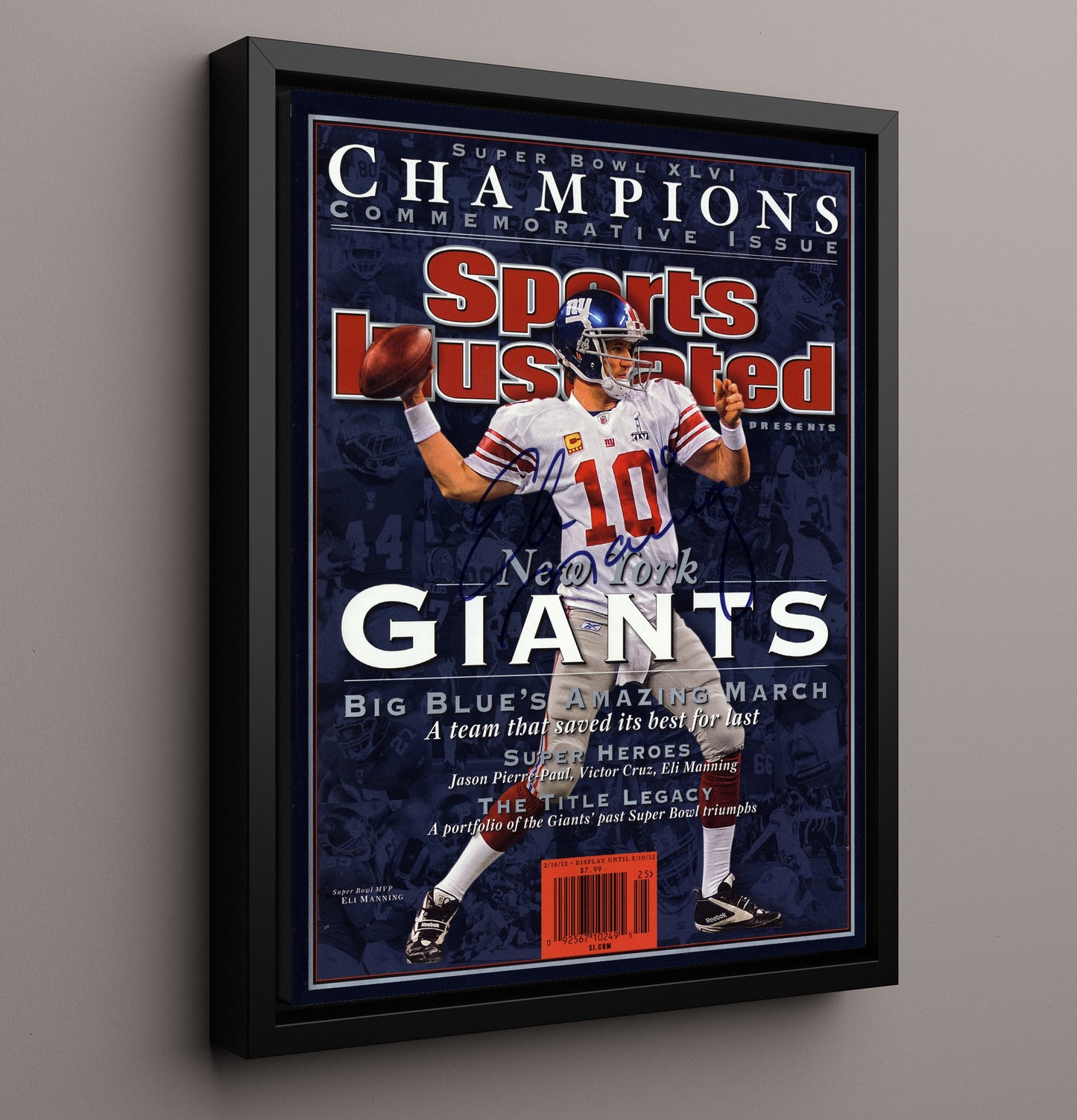 Eli Manning Super Bowl XLVI - Big Blue March Vintage Football Wall Art - 16x20 Framed Canvas football decor