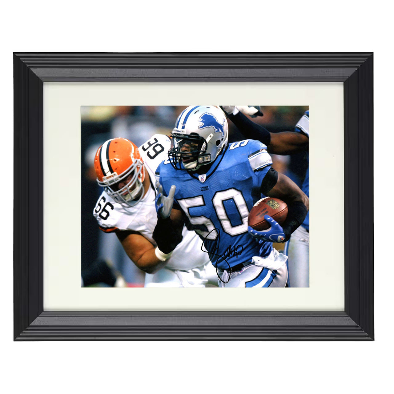 Ernie Sims – Detroit Linebacker Run with Ball – 8x10 black beveled framed football wall art