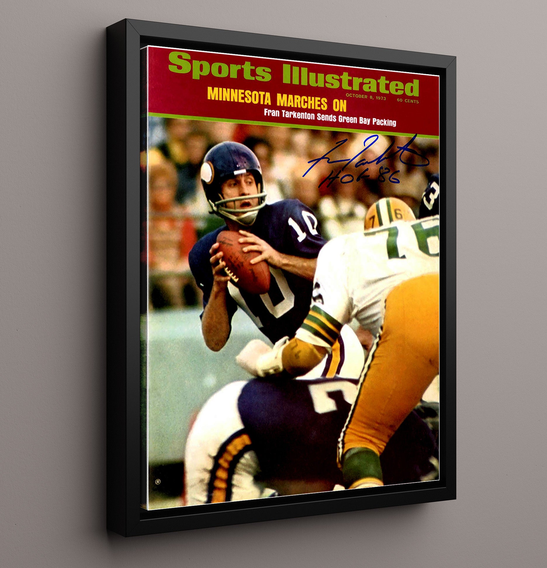 Fran Tarkenton - Minnesota football SI Cover Passing vs Green Bay 1973 Vintage Football Wall Art - 16x20 Framed Canvas football decor