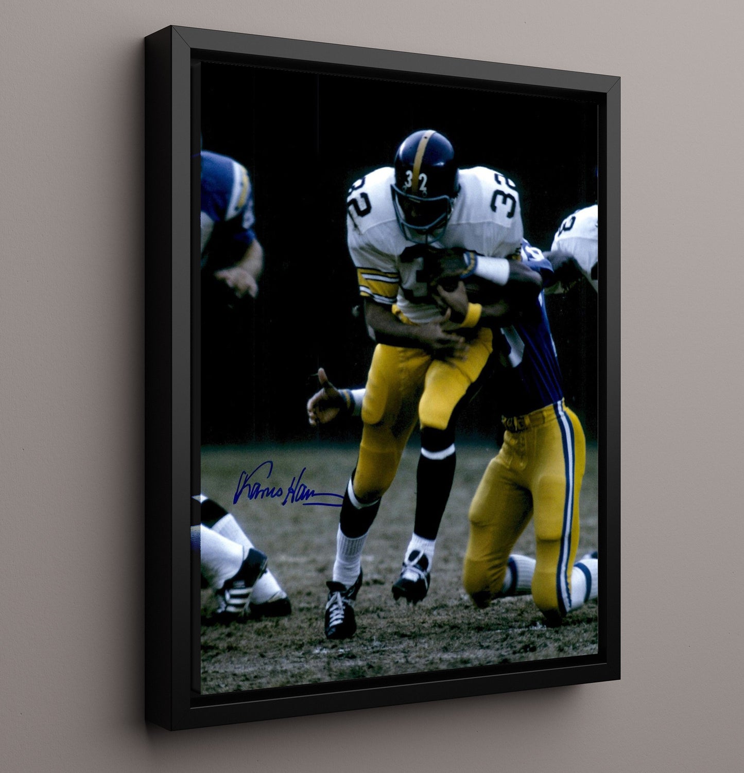 Franco Harris - Pittsburgh football Power Run Through Line Vintage Football Wall Art - 16x20 Framed Canvas football decor