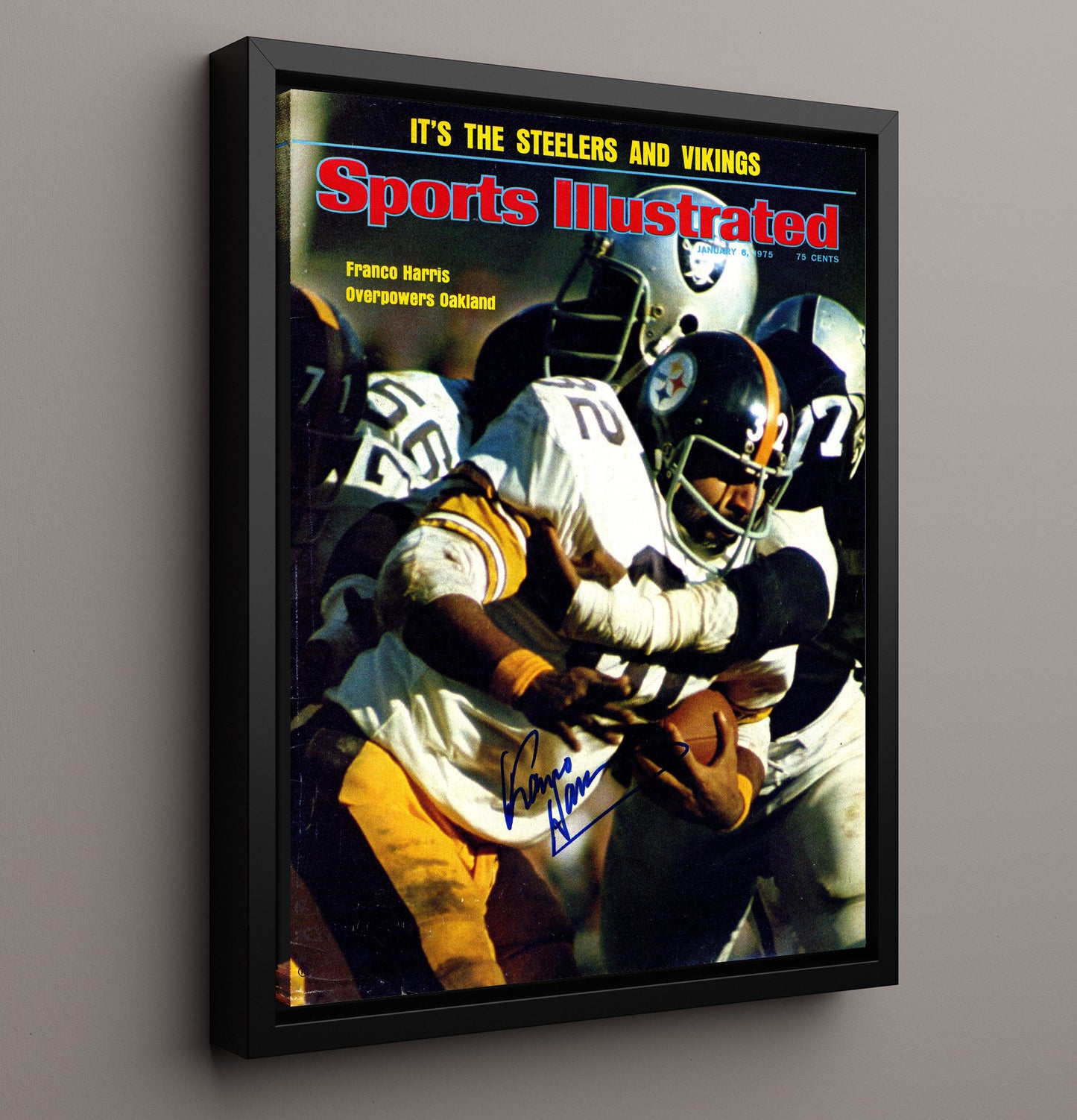 Franco Harris - Pittsburgh football Power Run vs Oakland 1975 SI Cover Vintage Football Wall Art - 16x20 Framed Canvas football decor