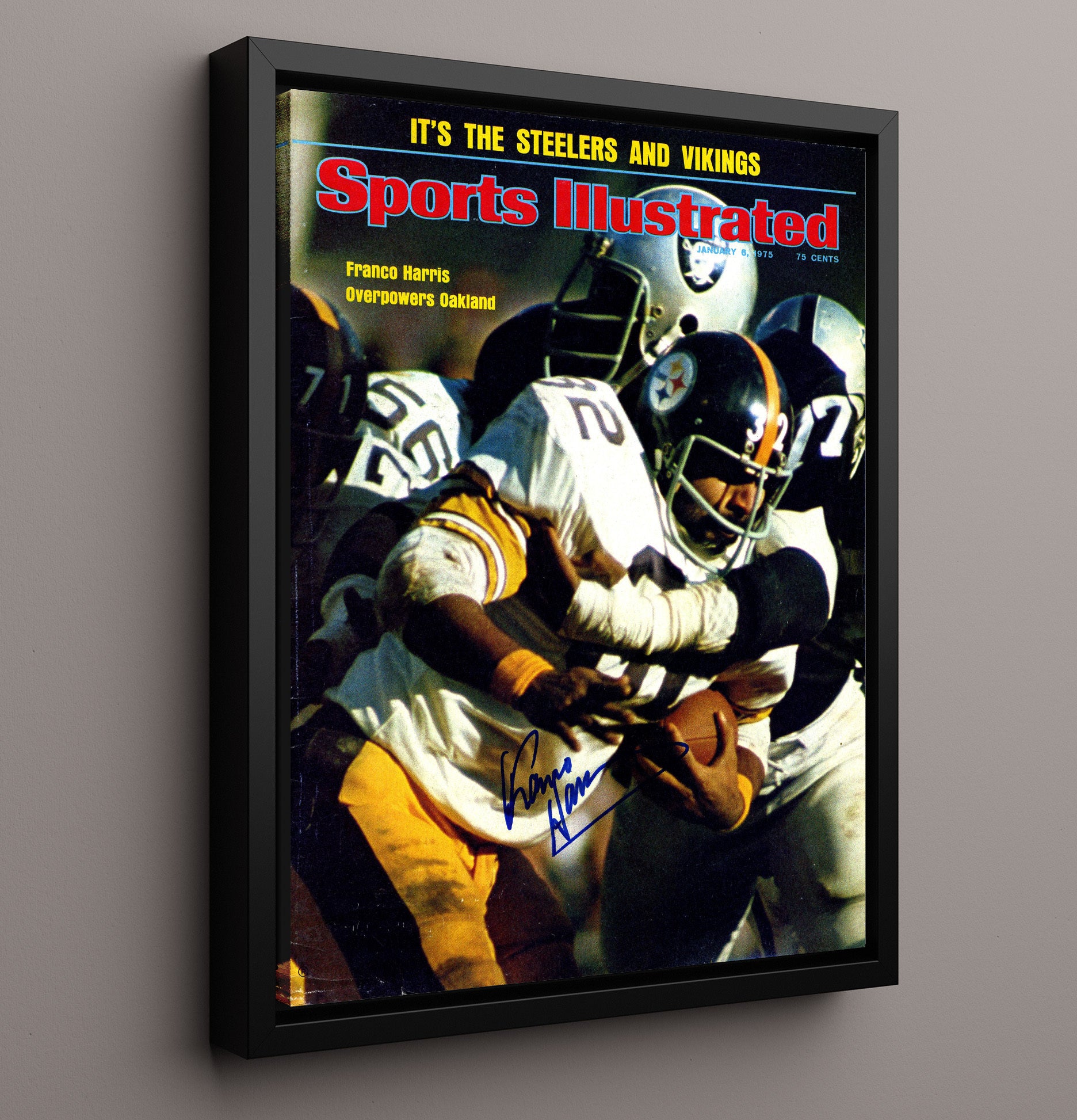 Franco Harris - Pittsburgh football Power Run vs Oakland 1975 SI Cover Vintage Football Wall Art - 16x20 Framed Canvas football decor