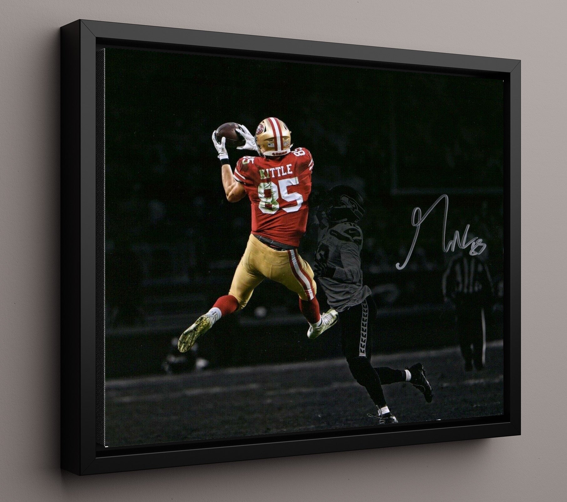 George Kittle - Spotlight Grab Vintage Football Wall Art - 16x20 Framed Canvas football decor