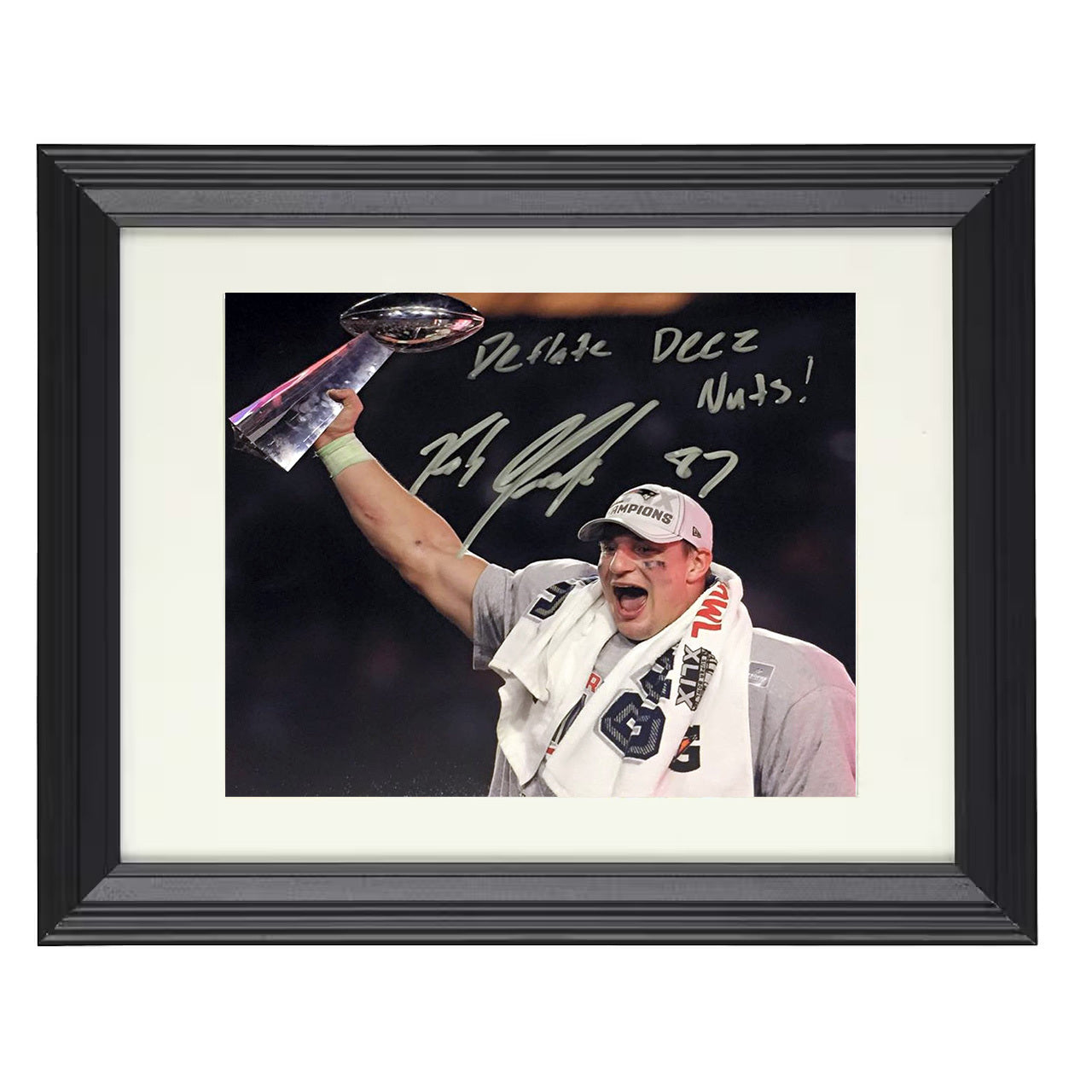 Gronkowski Trophy – Deflated Deez Nuts – 8x10 black beveled framed football wall art