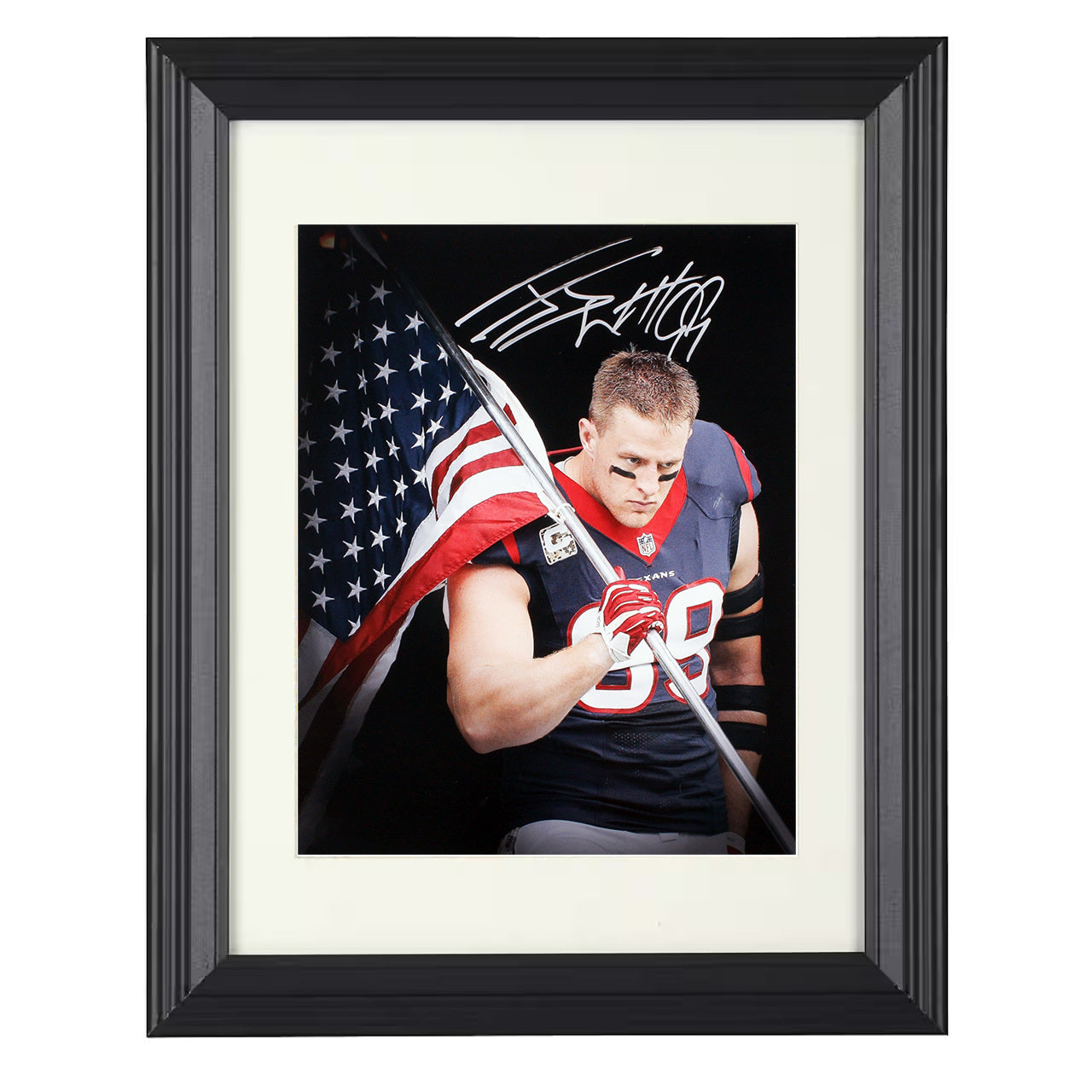 JJ Watt – Houston Defense End American Flag Entrance – 8x10 black beveled framed football wall art