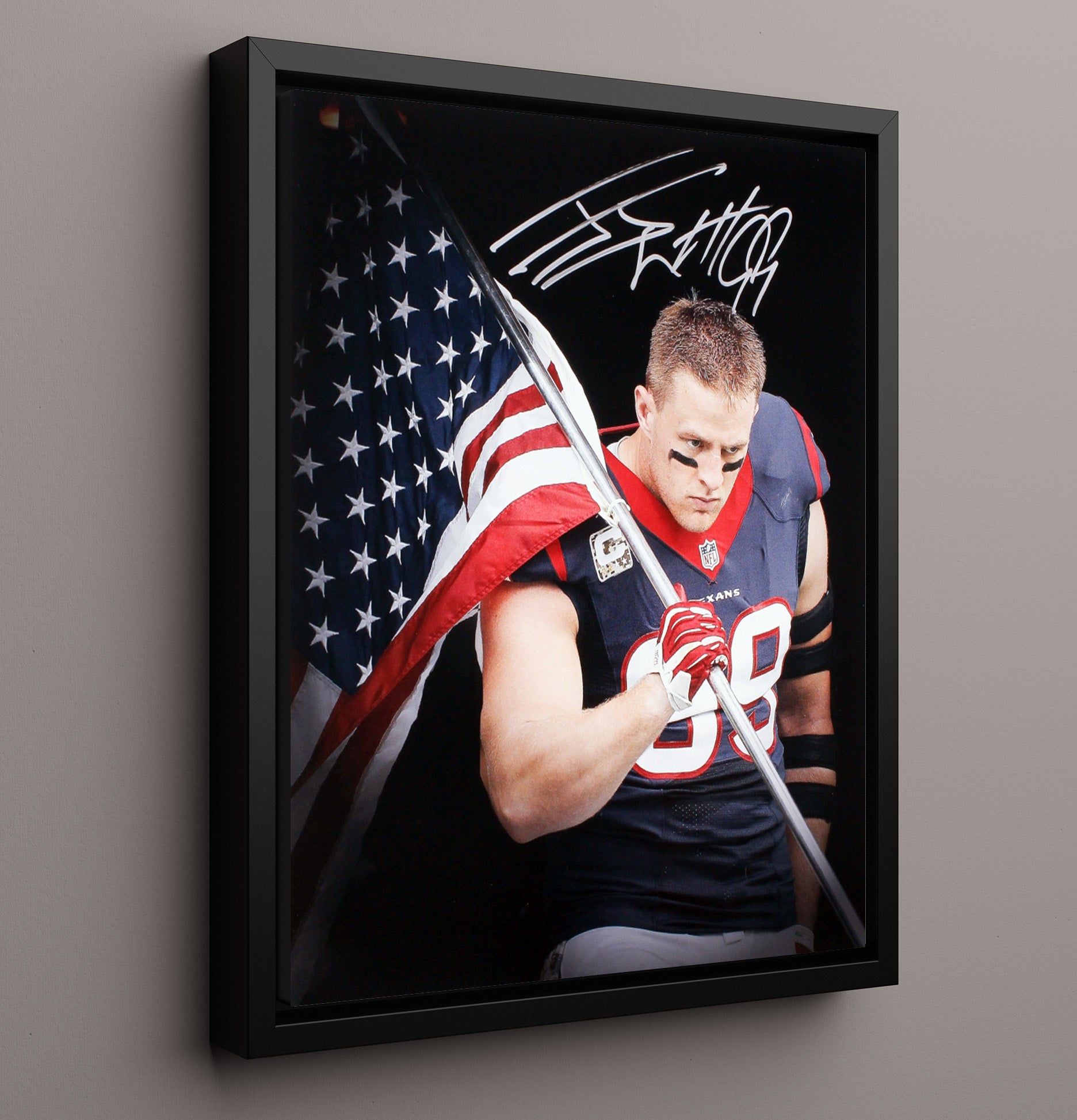 JJ Watt - Houston football Defensive End American Flag Entrance Vintage Football Wall Art - 16x20 Framed Canvas football decor