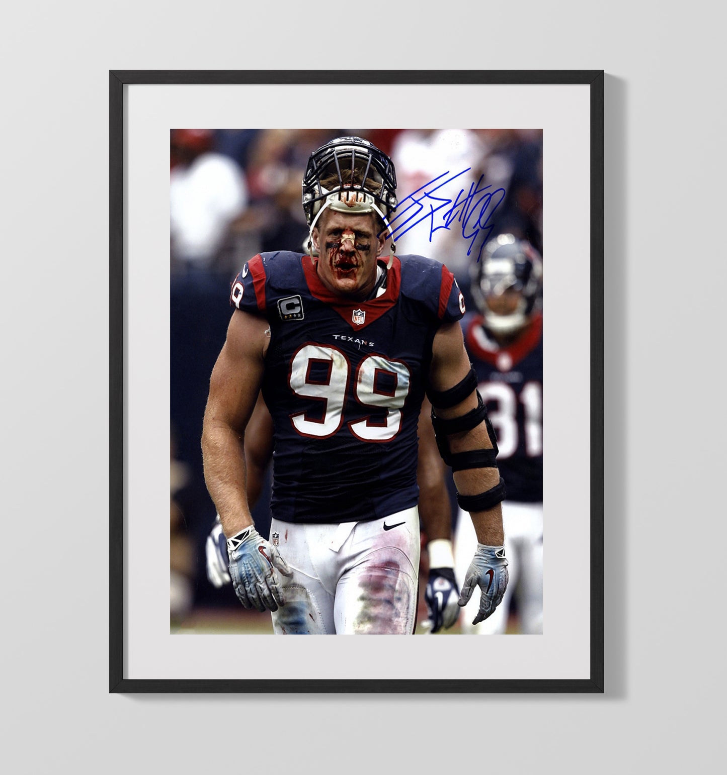 JJ Watt - Houston football Defensive End Bloodied Face Game Moment Vintage Football Wall Art - 16x20 Gallery Frame football decor