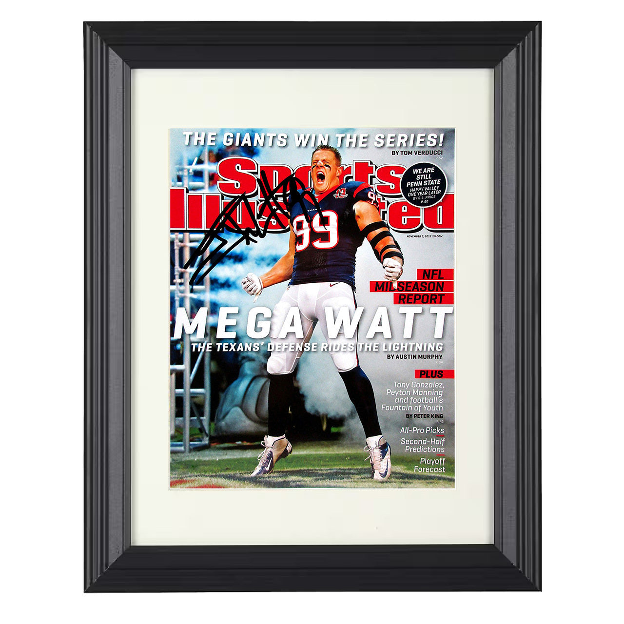 JJ Watt Mega Watt – Defense Sparks Image – 8x10 black beveled framed football wall art
