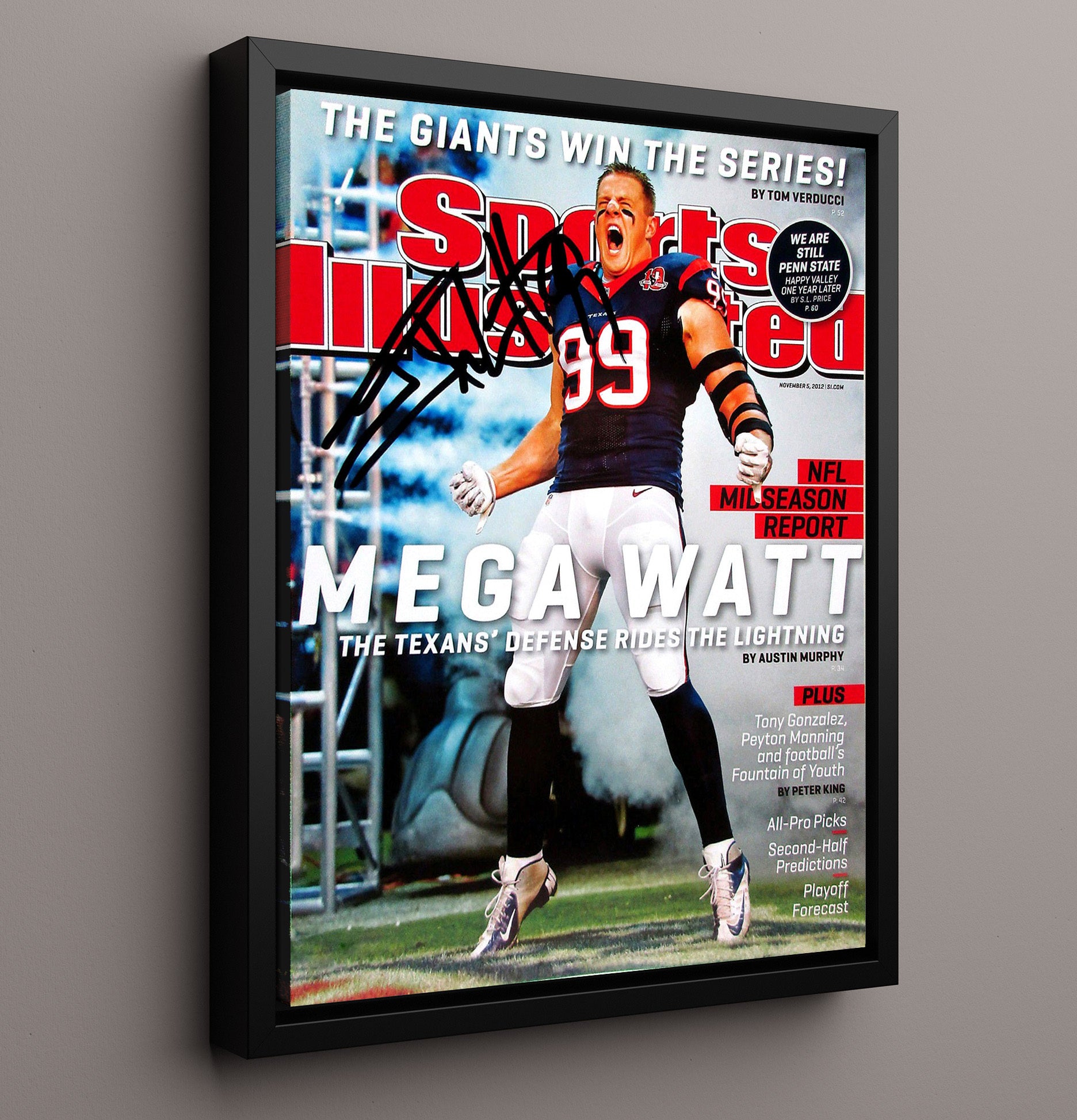 JJ Watt Mega Watt - Defense Sparks Vintage Football Wall Art - 16x20 Framed Canvas football decor