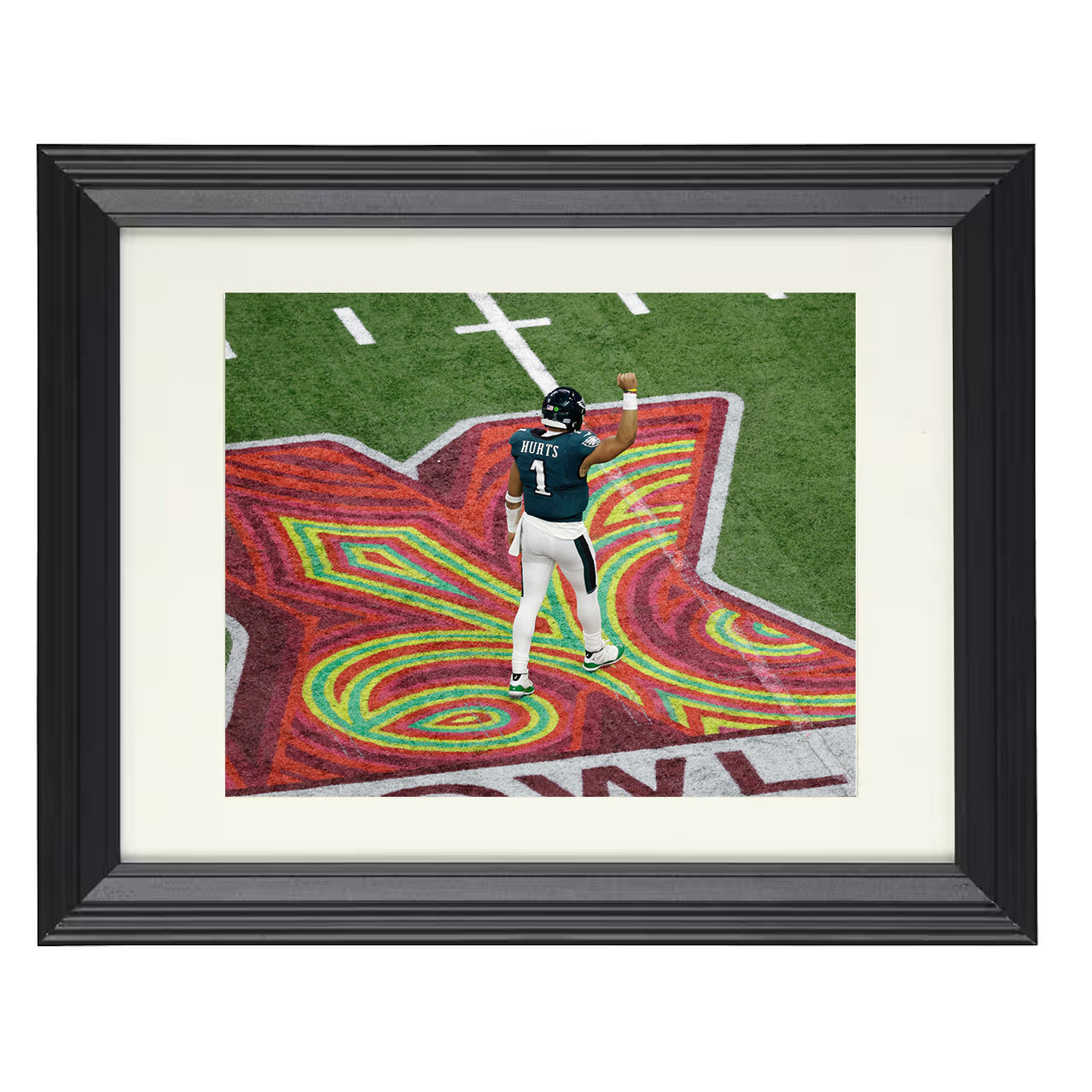 Jalen Hurts – Philadelphia Championship End Zone Celebration – 8x10 black beveled framed football wall art