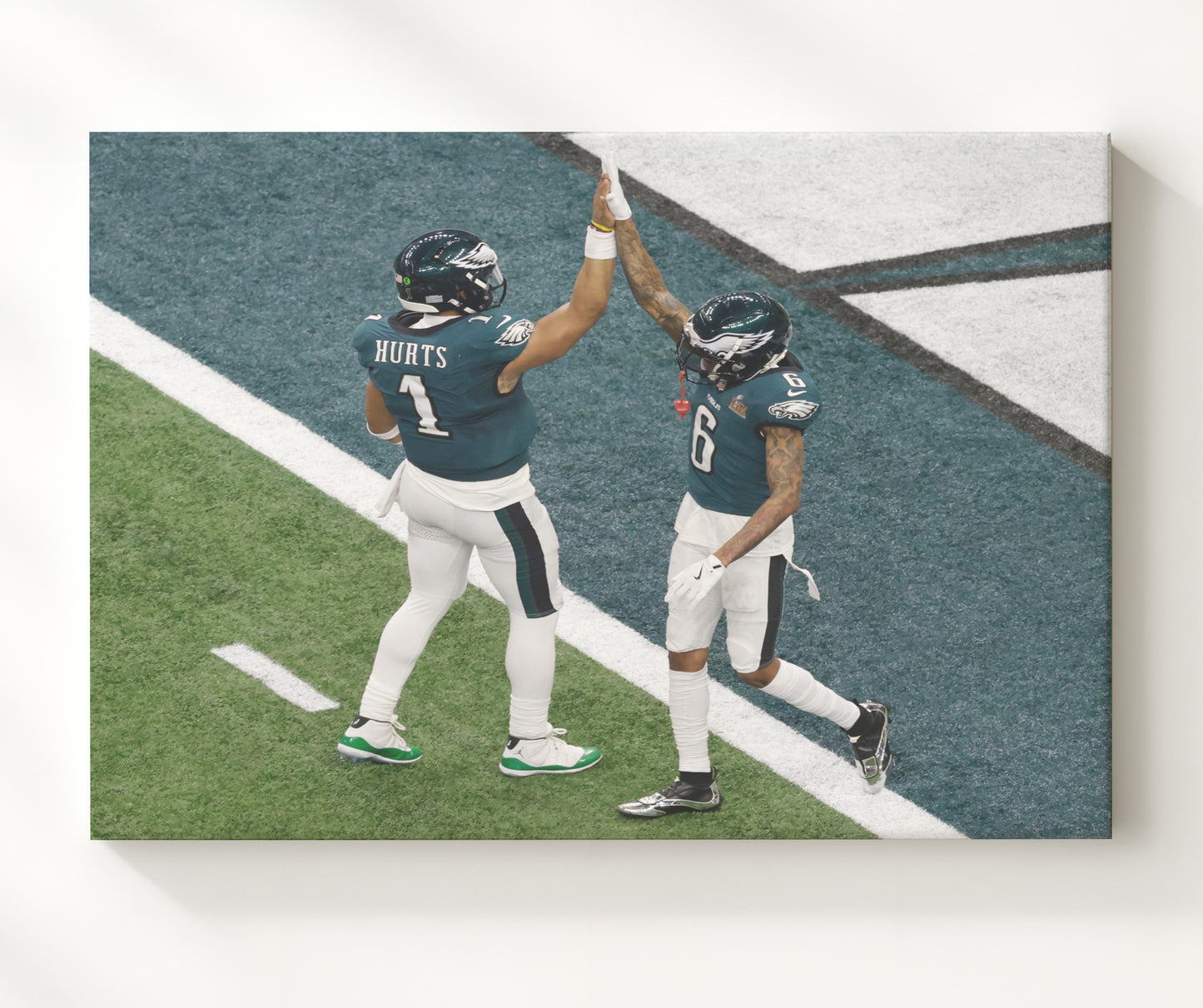 Jalen Hurts and DeVonta Smith - Philadelphia Football End Zone Super Celebration Vintage Football Wall Art - 20x24 Canvas football decor