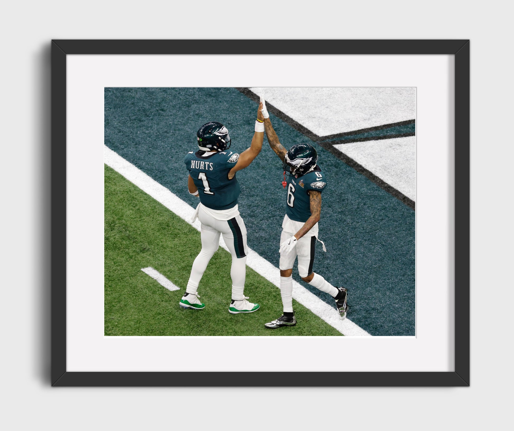 Jalen Hurts and DeVonta Smith - Philadelphia Football End Zone Super Celebration Vintage Football Wall Art - 16x20 Gallery Frame football decor