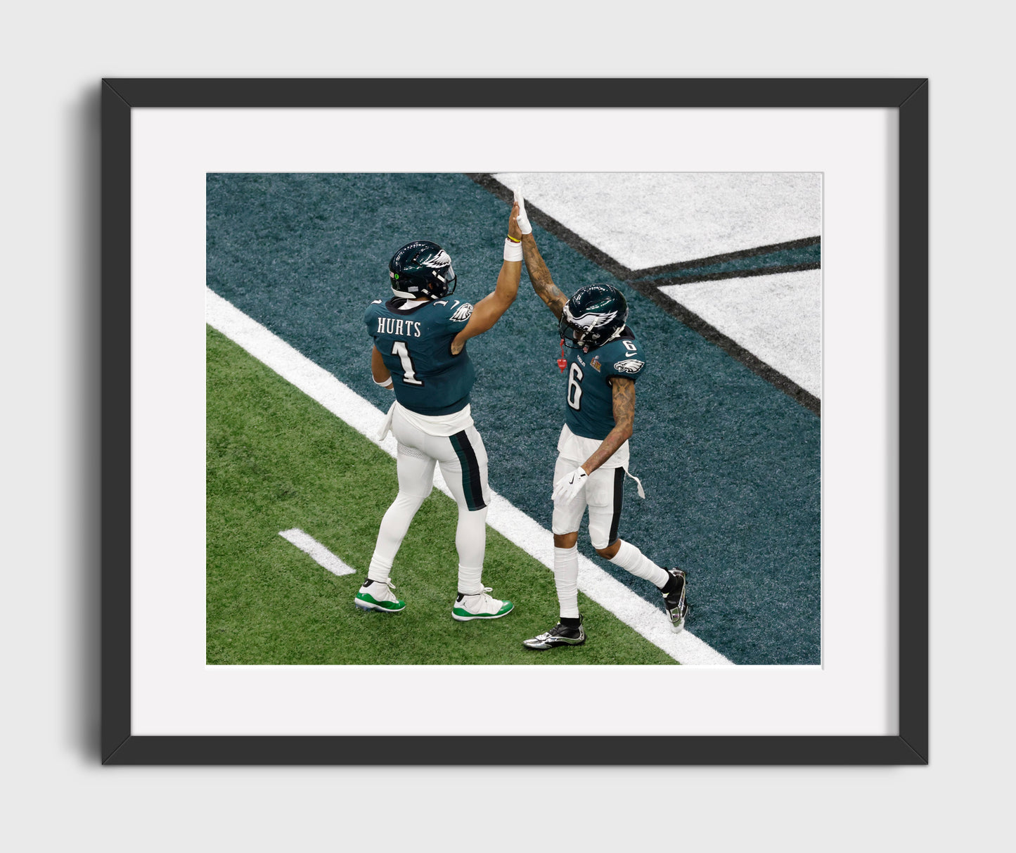 Jalen Hurts and DeVonta Smith Philadelphia End Zone Super Celebration Football Wall Art 16x20 Gallery Framed Artwork wall art print - Football decor