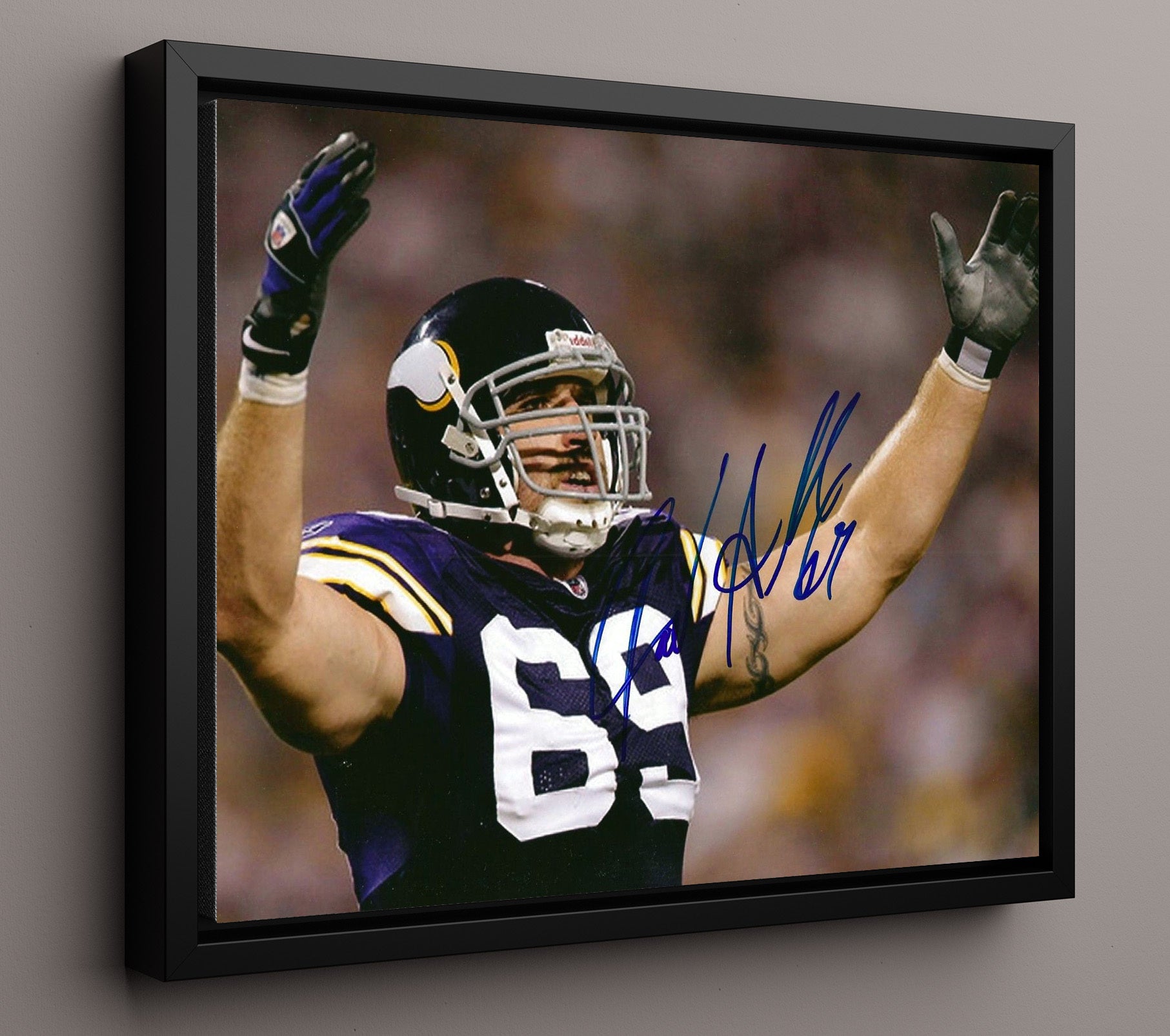Jared Allen - Minnesota Football Sack Celebration Arms Raised Vintage Football Wall Art - 16x20 Framed Canvas football decor