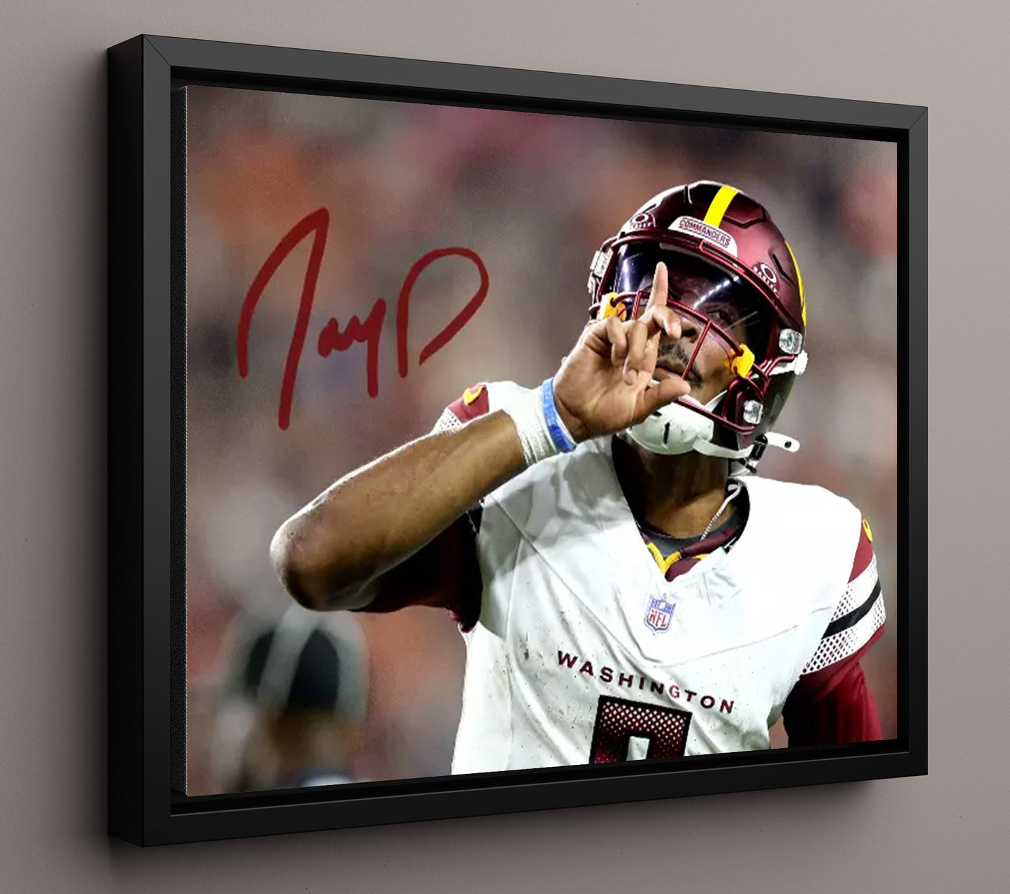 Jayden Daniels Silence Gesture - Hush Mode Vintage Football Wall Art - 16x20 Framed Canvas football decor