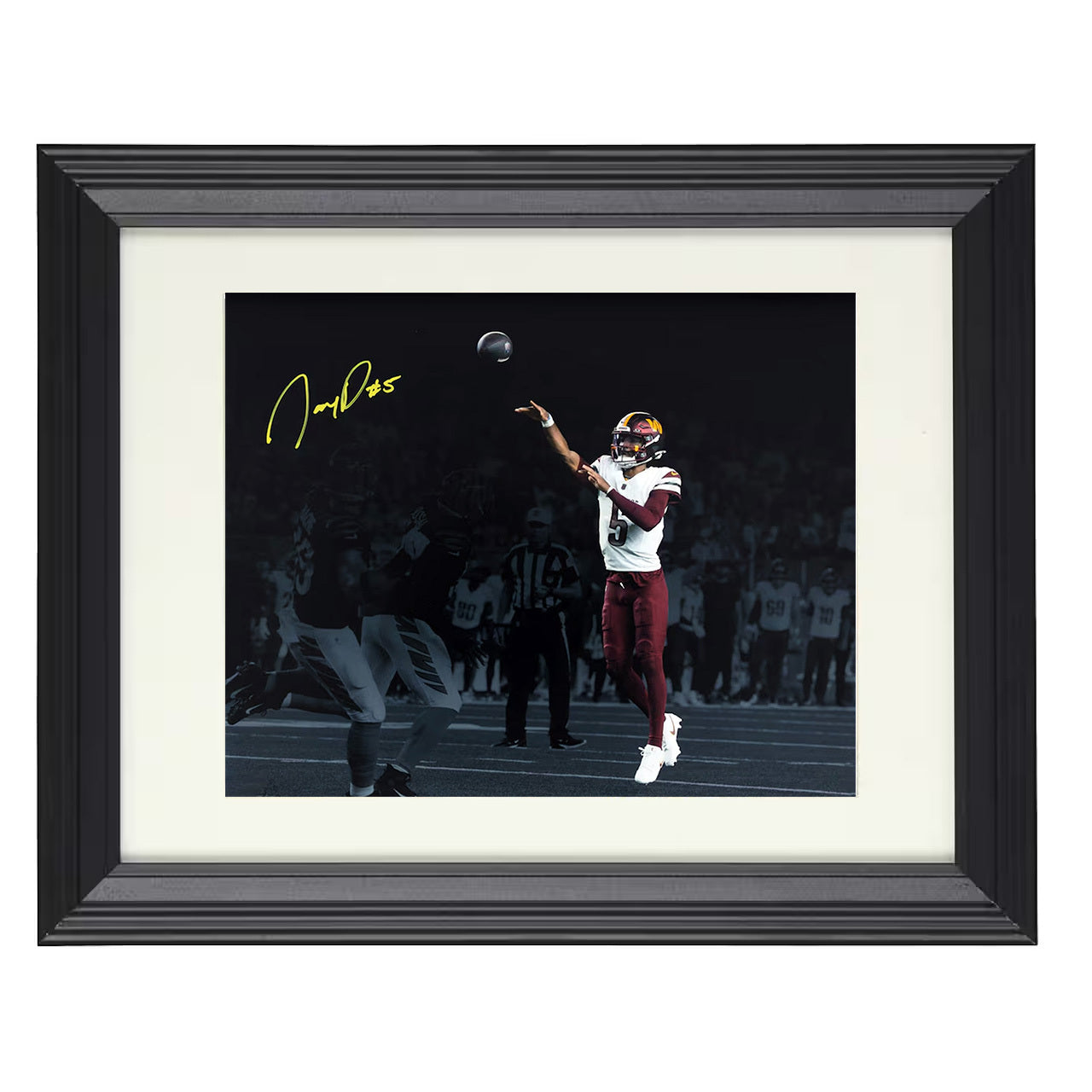 Jayden Daniels Throw – Rookie Fire – 8x10 black beveled framed football wall art