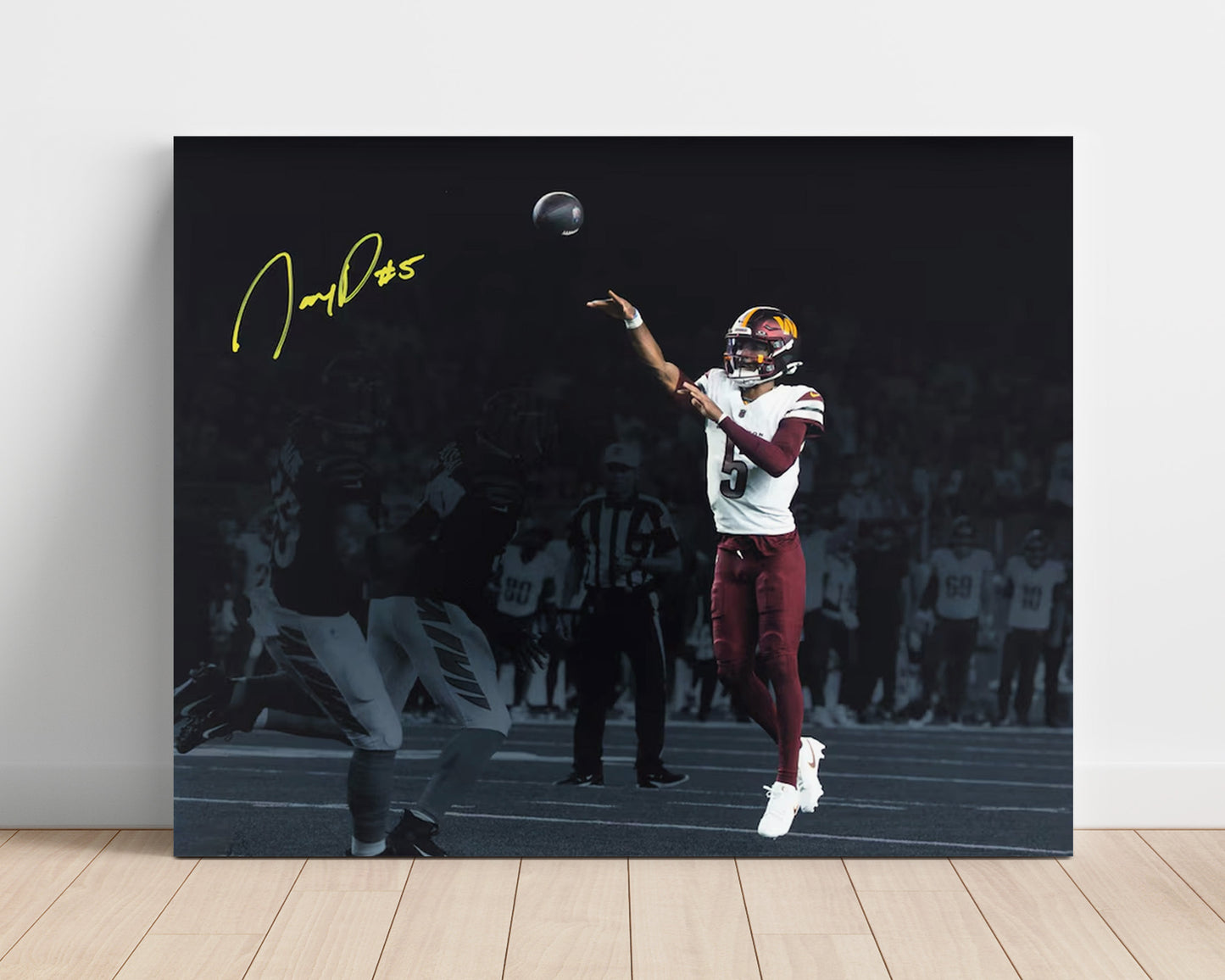 Jayden Daniels Throw - Rookie Fire Football Wall Art - football wall art print