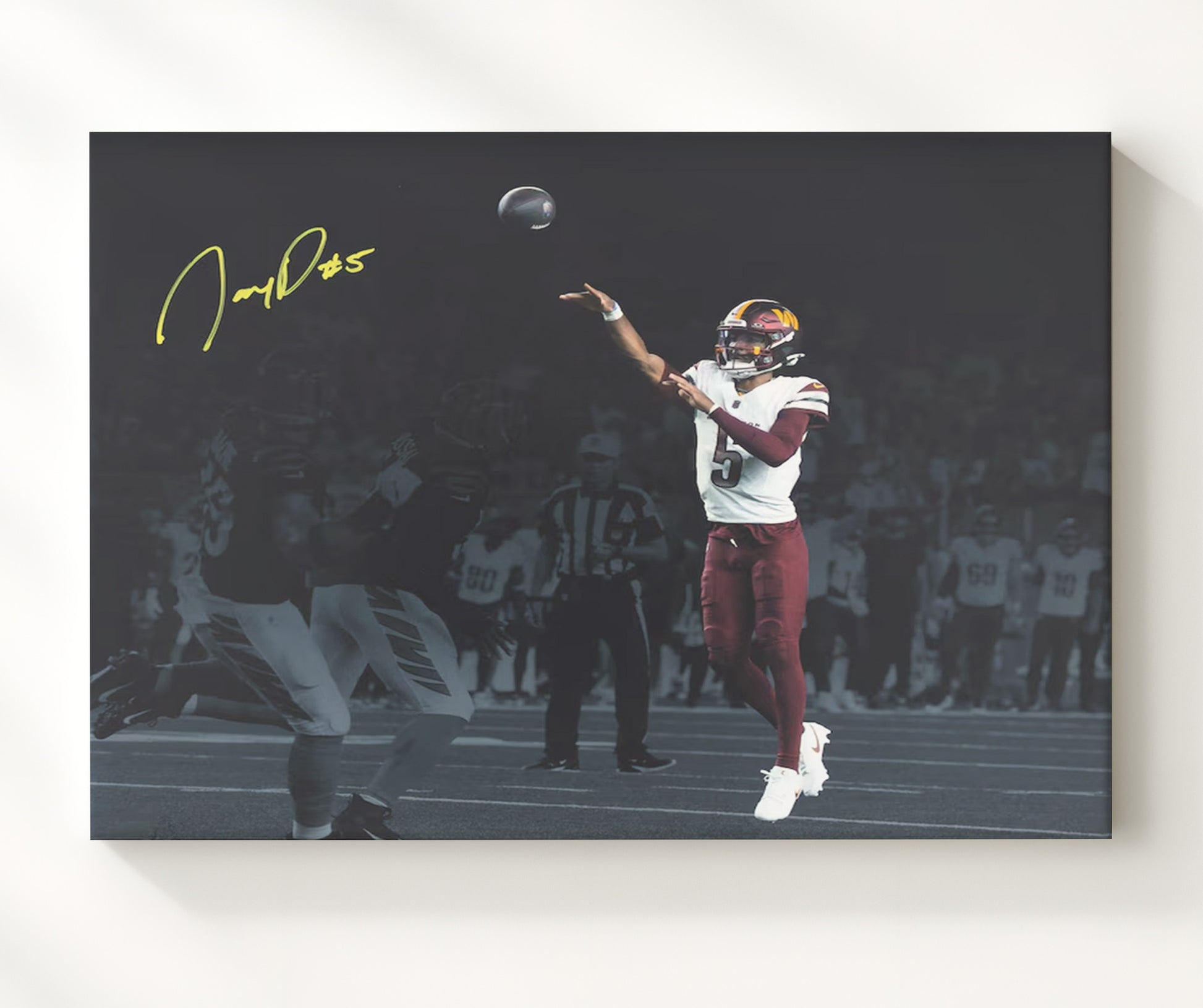 Jayden Daniels Throw - Rookie Fire Football Wall Art - football wall art print