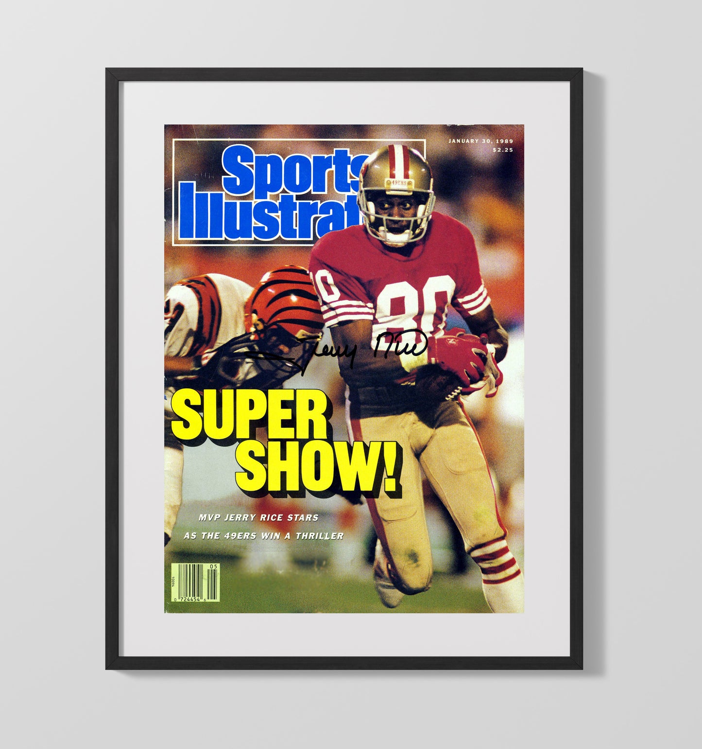 Jerry Rice - San Francisco football Super Bowl MVP Catch Run 1989 SI Cover Vintage Football Wall Art - 16x20 Gallery Frame football decor