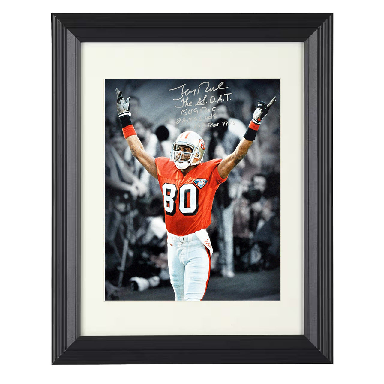 Jerry Rice – The GOAT Image – 8x10 black beveled framed football wall art