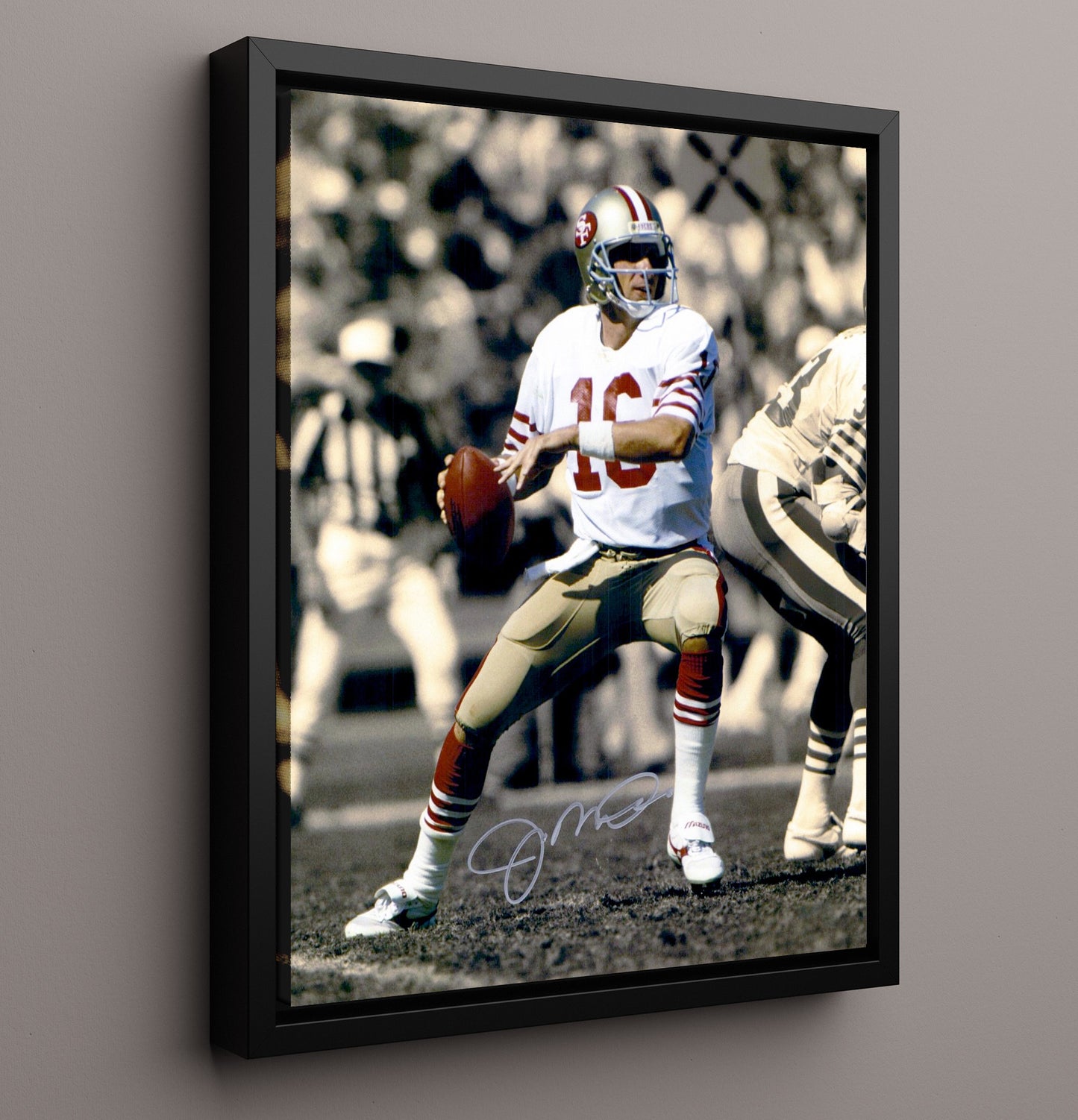 Joe Montana - San Francisco Football Quarterback Throwing Pass Vintage Football Wall Art - 16x20 Framed Canvas football decor