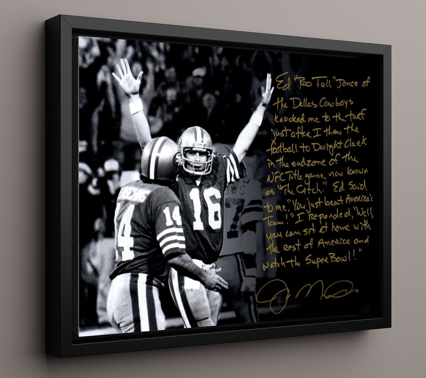 Joe Montana - the Catch Victory Vintage Football Wall Art - 16x20 Framed Canvas football decor