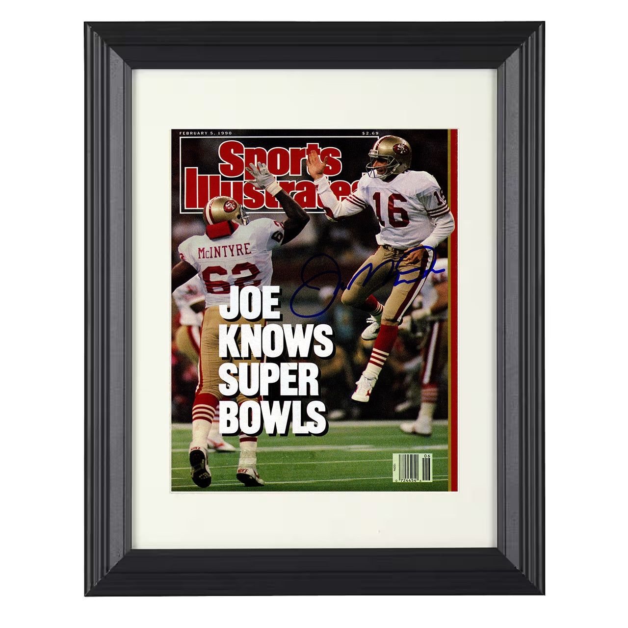 Joe Montana Super Bowls – Joe Knows Image – 8x10 black beveled framed football wall art