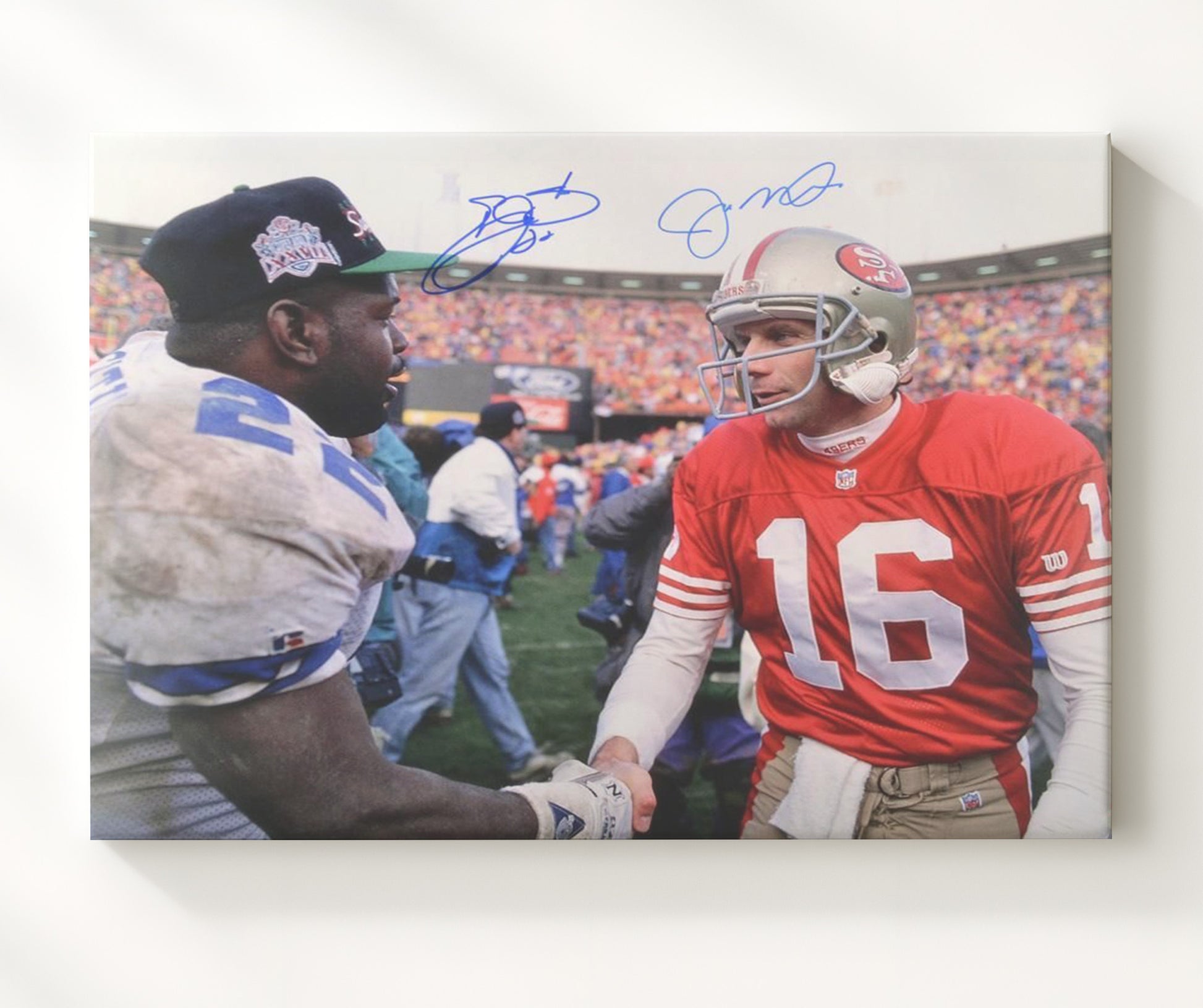 Joe Montana and Emmitt Smith - Legends Handshake Football Wall Art - football wall art print
