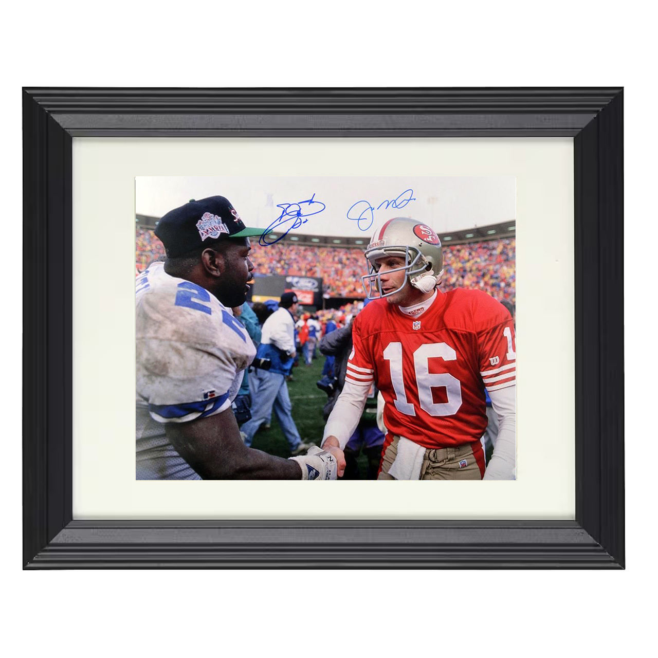 Joe Montana and Emmitt Smith – Legends Handshake – 8x10 black beveled framed football wall art
