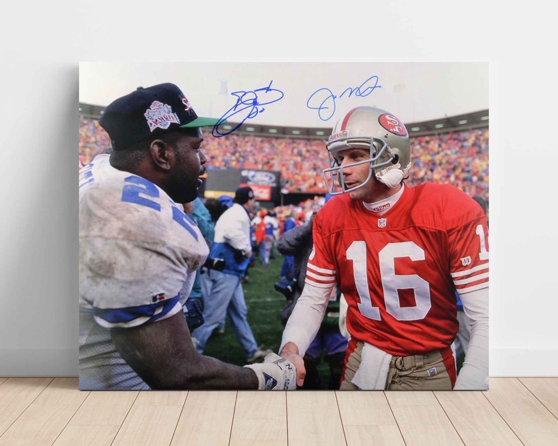 Joe Montana and Emmitt Smith - Legends Handshake Football Wall Art - football wall art print