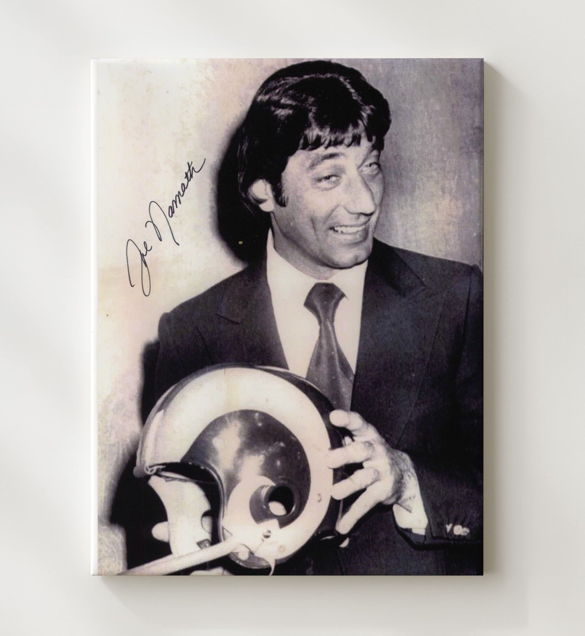Joe Namath - New York Football Quarterback Holding Rams Helmet Portrait Vintage Football Wall Art - 20x24 Canvas football decor