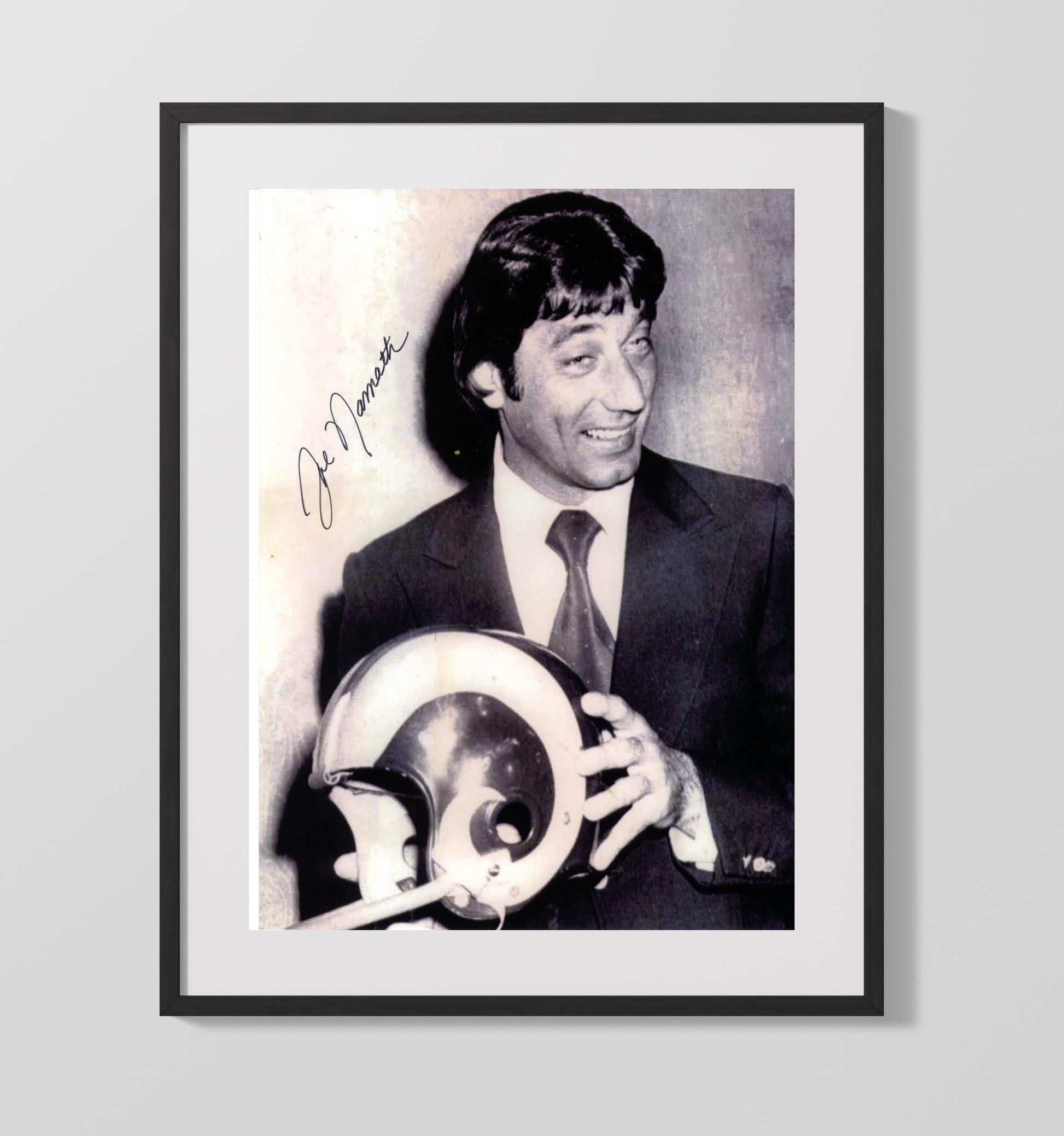 Joe Namath - New York Football Quarterback Holding Rams Helmet Portrait Vintage Football Wall Art - 16x20 Gallery Frame football decor
