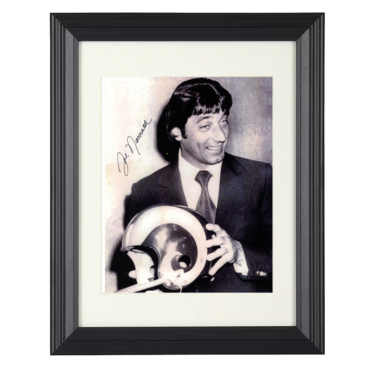 Joe Namath – New York QB Holding Rams Helmet Image – 8x10 black beveled framed football wall art
