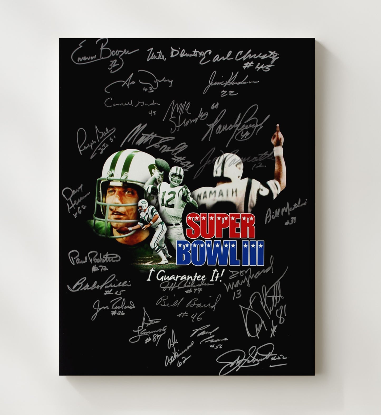 Joe Namath - New York football Super Bowl III Guarantee Poster Composite Vintage Football Wall Art - 20x24 Canvas football decor