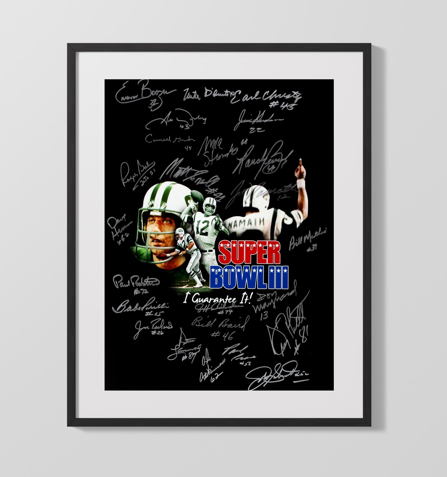Joe Namath - New York football Super Bowl III Guarantee Poster Composite Vintage Football Wall Art - 16x20 Gallery Frame football decor