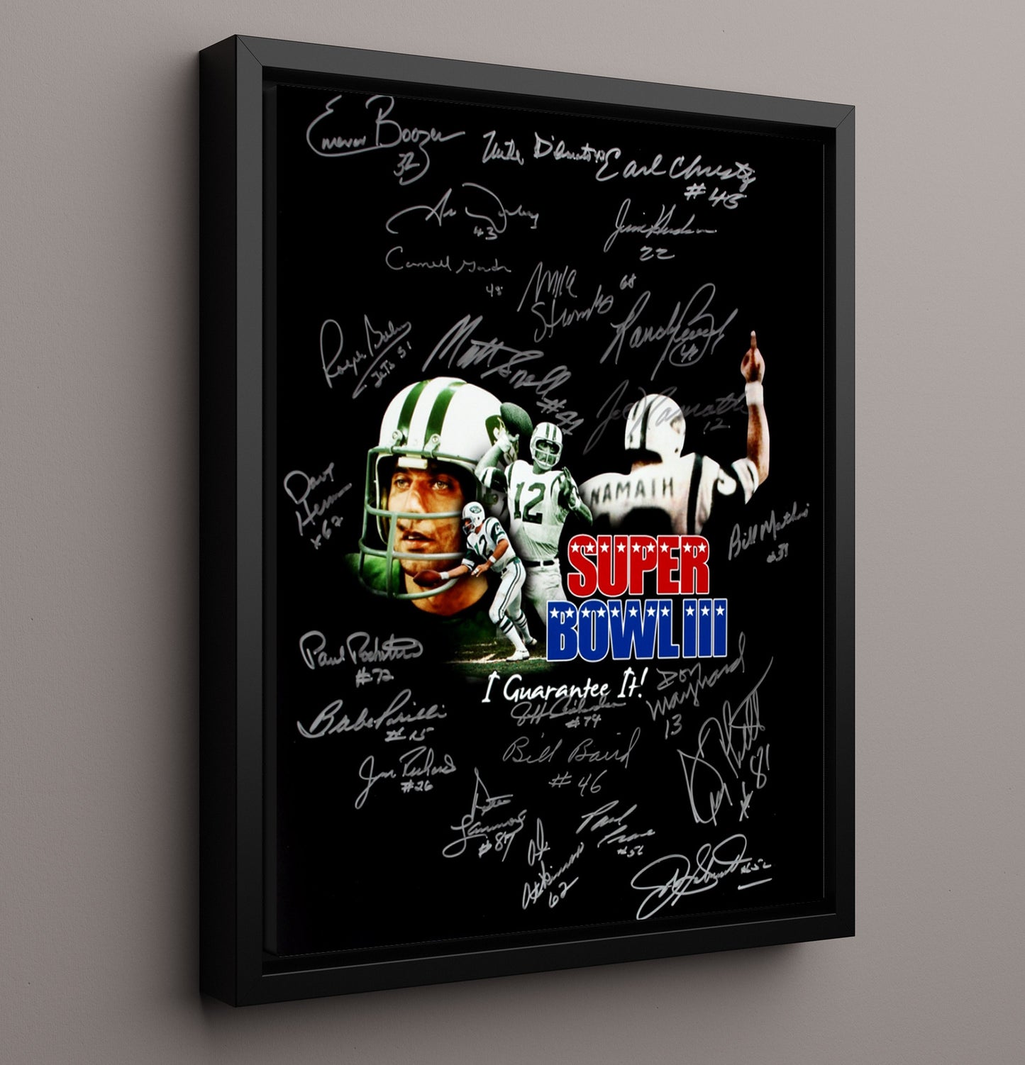 Joe Namath - New York football Super Bowl III Guarantee Poster Composite Vintage Football Wall Art - 16x20 Framed Canvas football decor