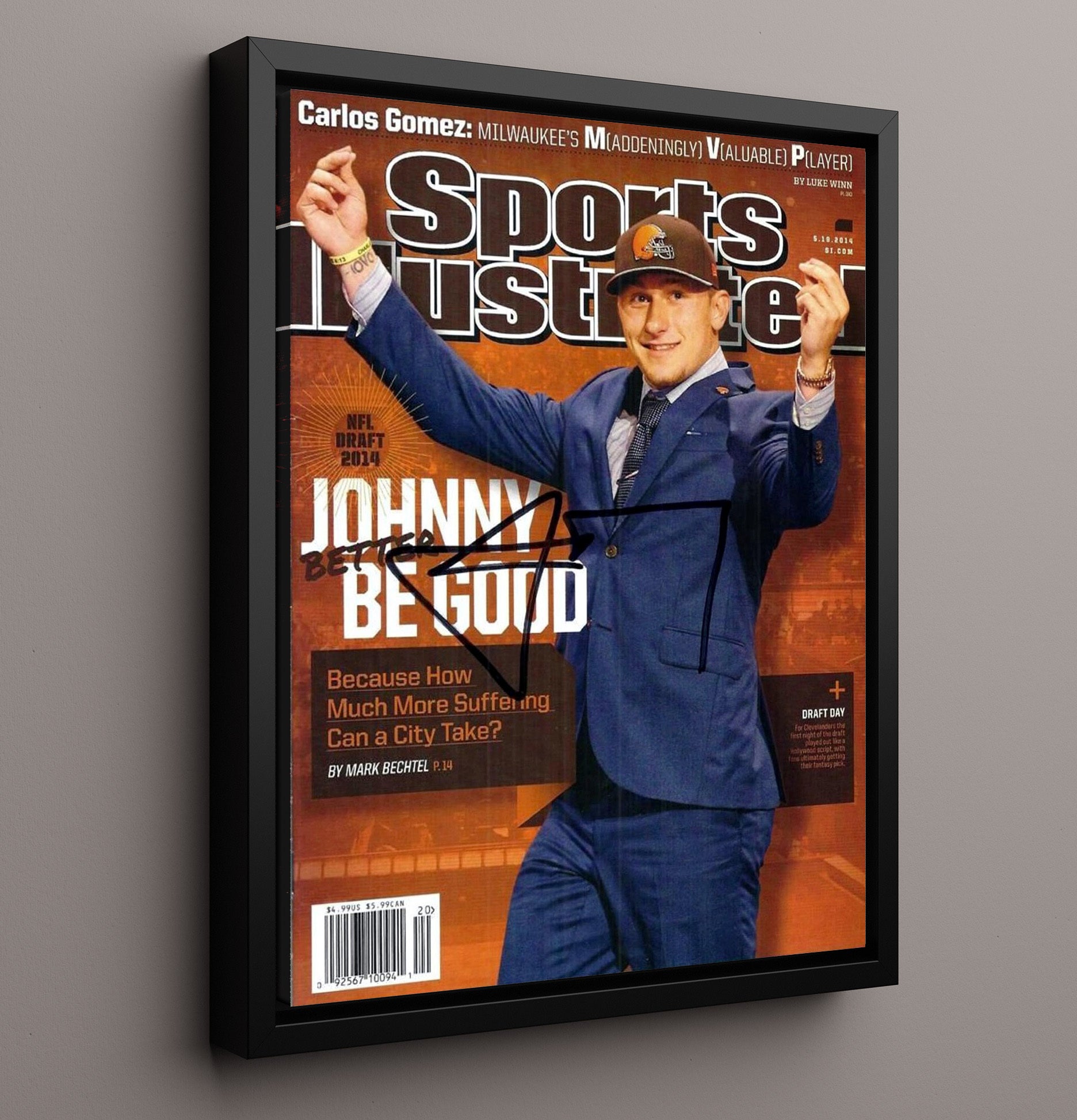 Johnny Manziel - Cleveland football NFL Draft 2014 First Round Celebration 2014 SI Cover Vintage Football Wall Art - 16x20 Framed Canvas football decor