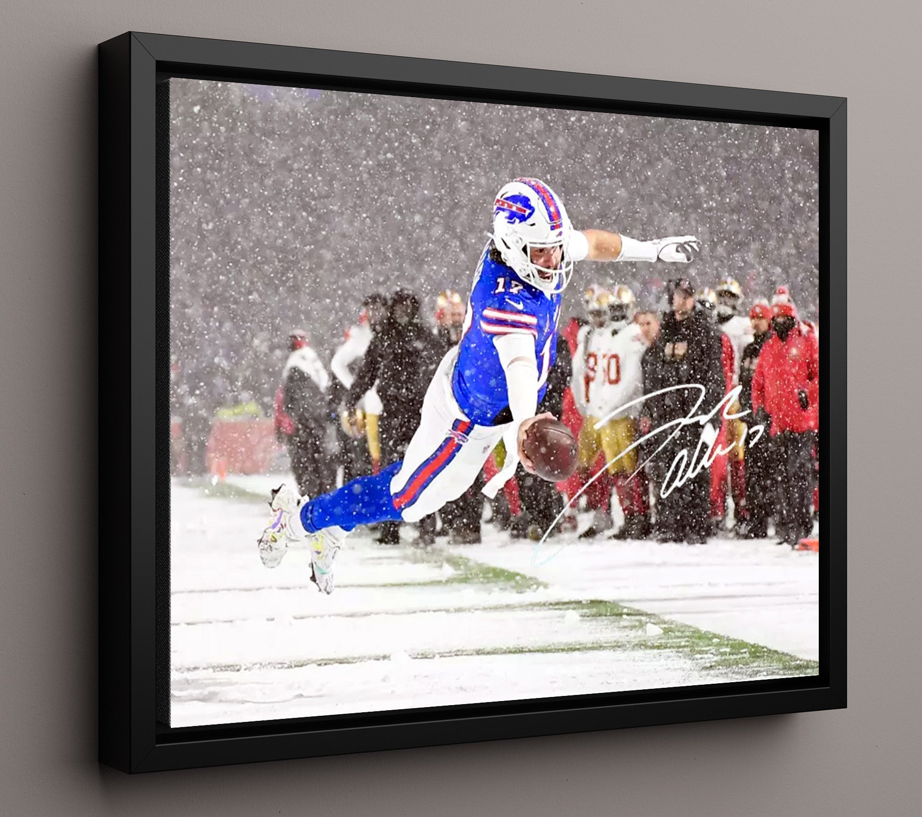 Josh Allen - Frozen Flight TD Vintage Football Wall Art - 16x20 Framed Canvas football decor