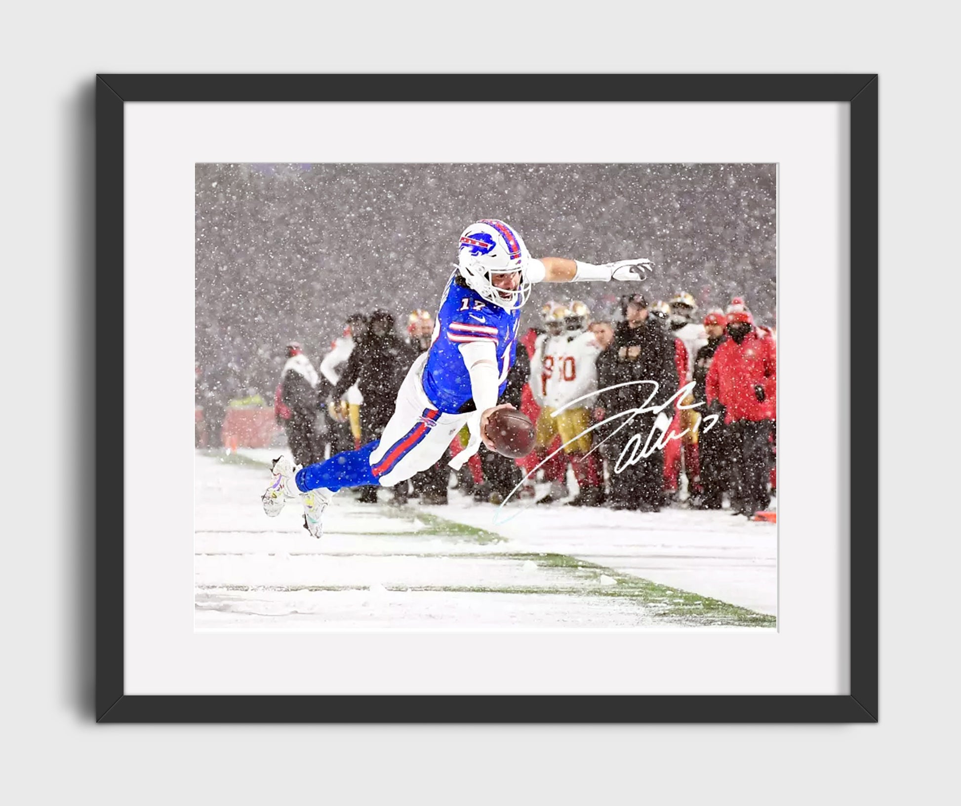 Josh Allen - Frozen Flight TD Vintage Football Wall Art - 16x20 Gallery Frame football decor