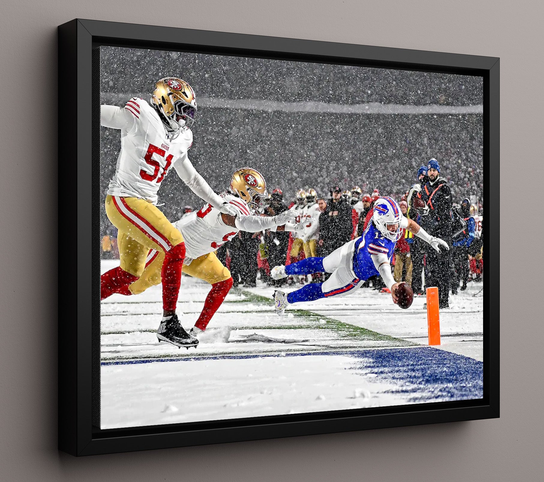 Josh Allen - Snow Dive TD Vintage Football Wall Art - 16x20 Framed Canvas football decor
