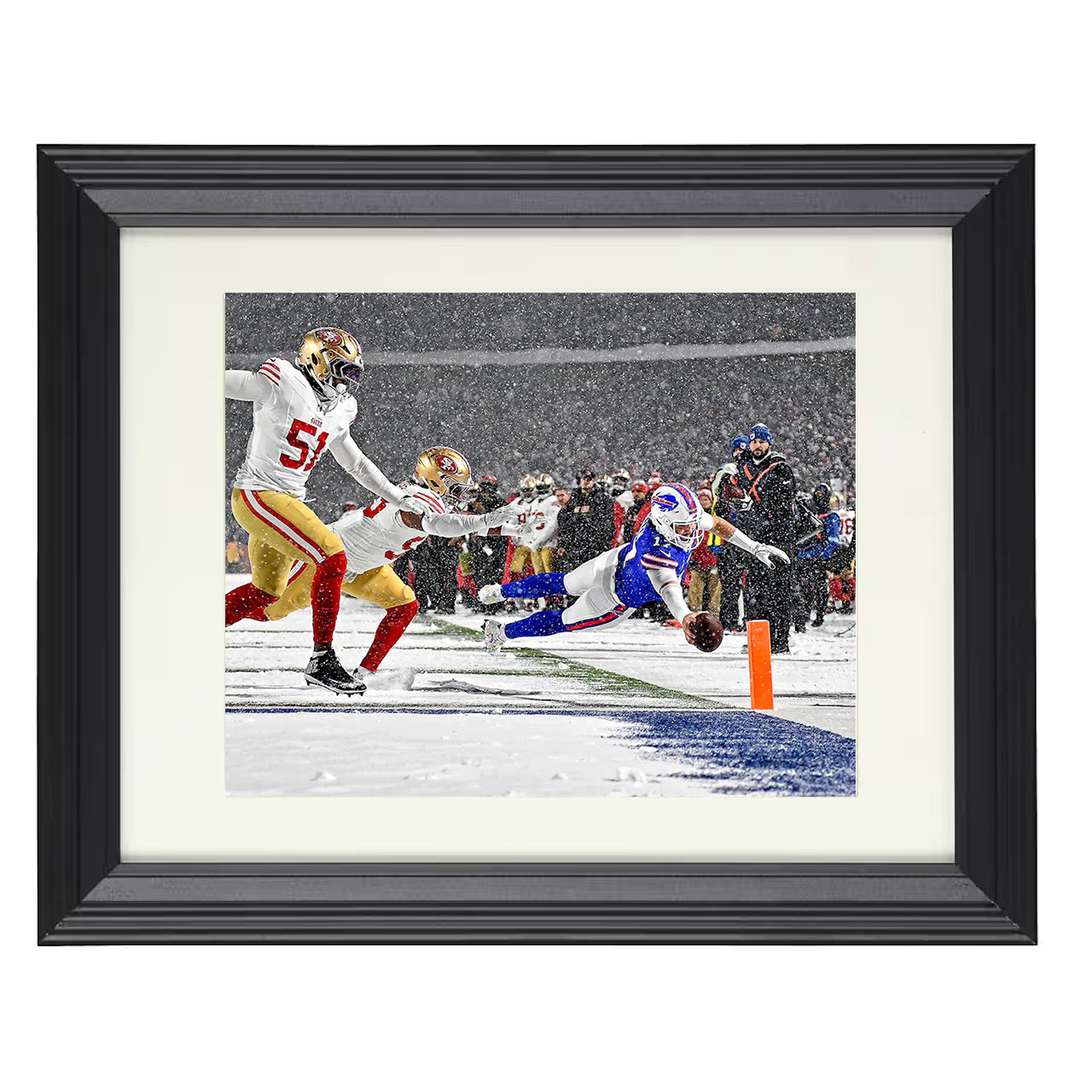 Josh Allen – Snow Dive TD – 8x10 black beveled framed football wall art