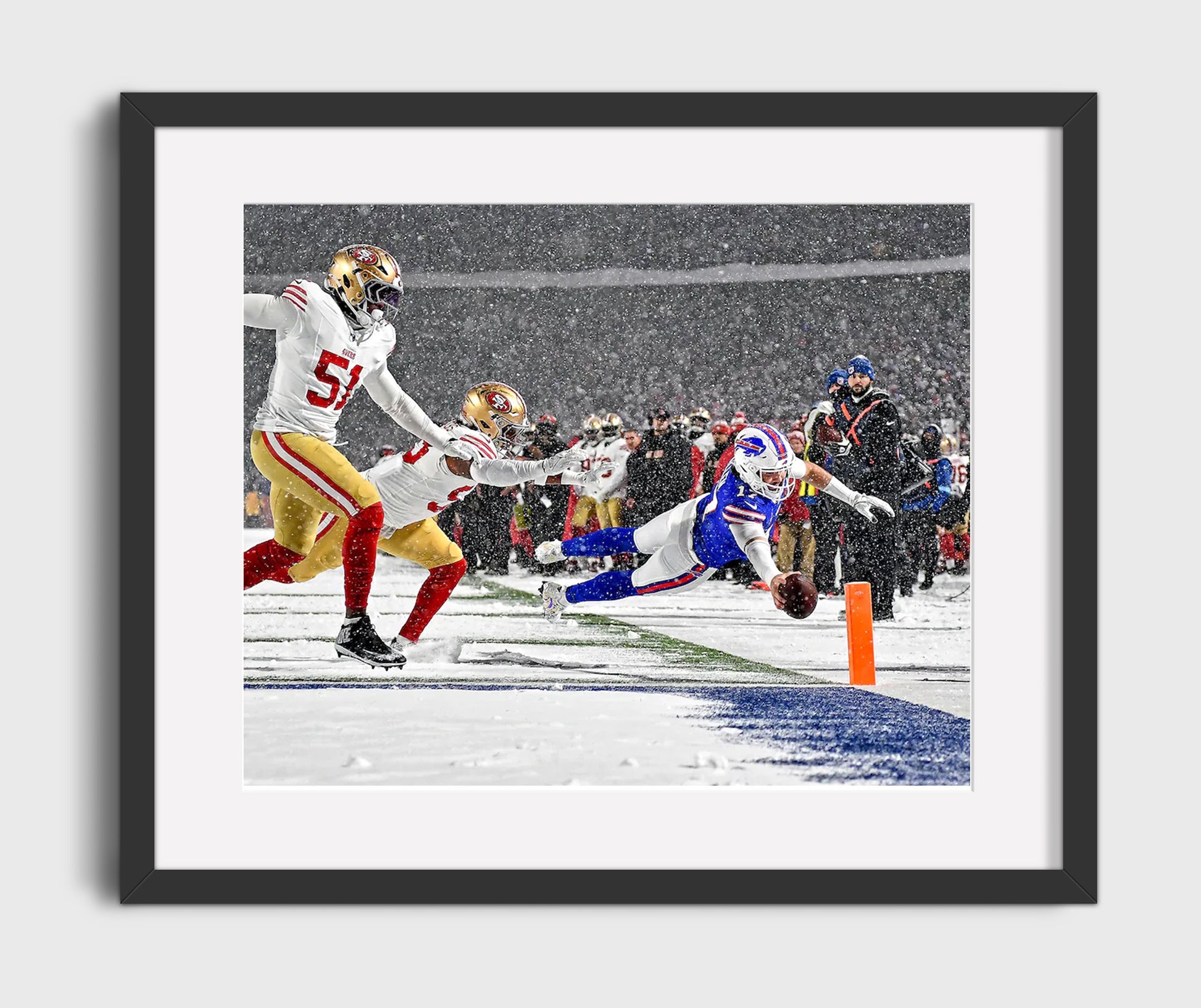 Josh Allen - Snow Dive TD Vintage Football Wall Art - 16x20 Gallery Frame football decor