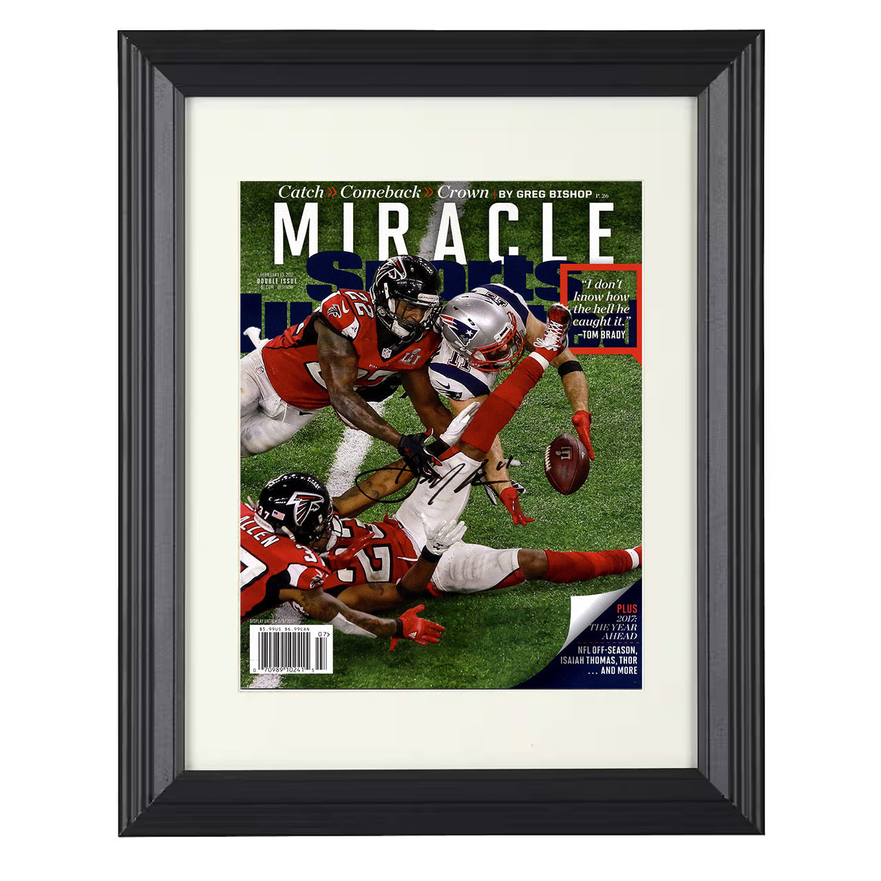 Julian Edelman Super Bowl LI – Miracle Grab Image – 8x10 black beveled framed football wall art