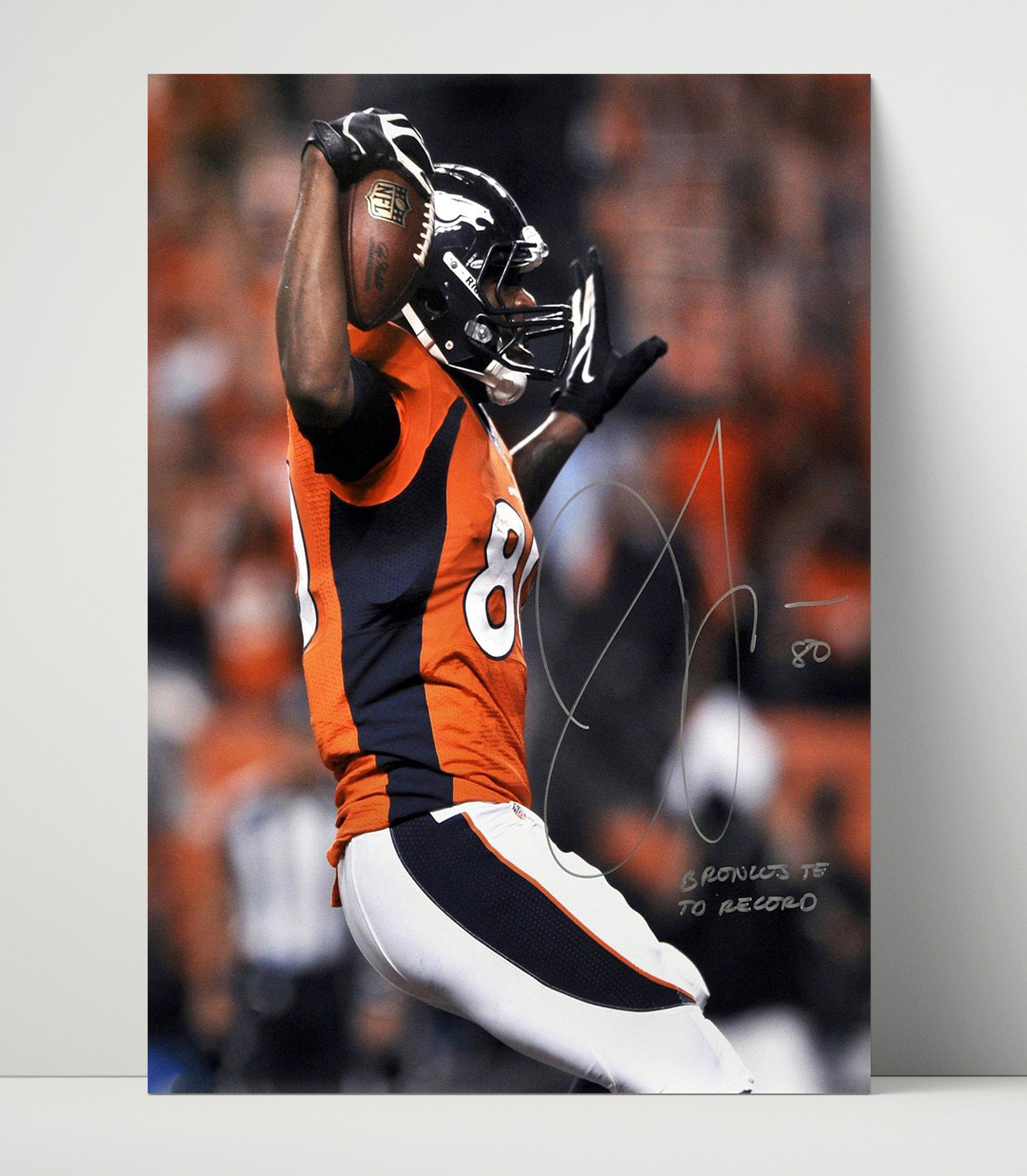 Julius Thomas - Denver football Tight End Touchdown Celebration Arms Raised Vintage Football Wall Art - 16x20 Unframed Print football decor