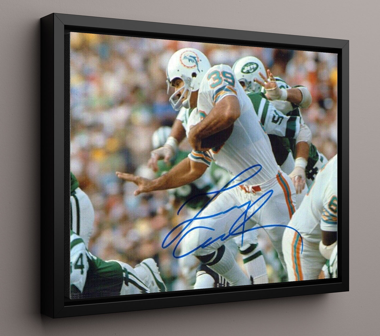 Larry Csonka - Miami Football Power Run Through Line Vintage Football Wall Art - 16x20 Framed Canvas football decor