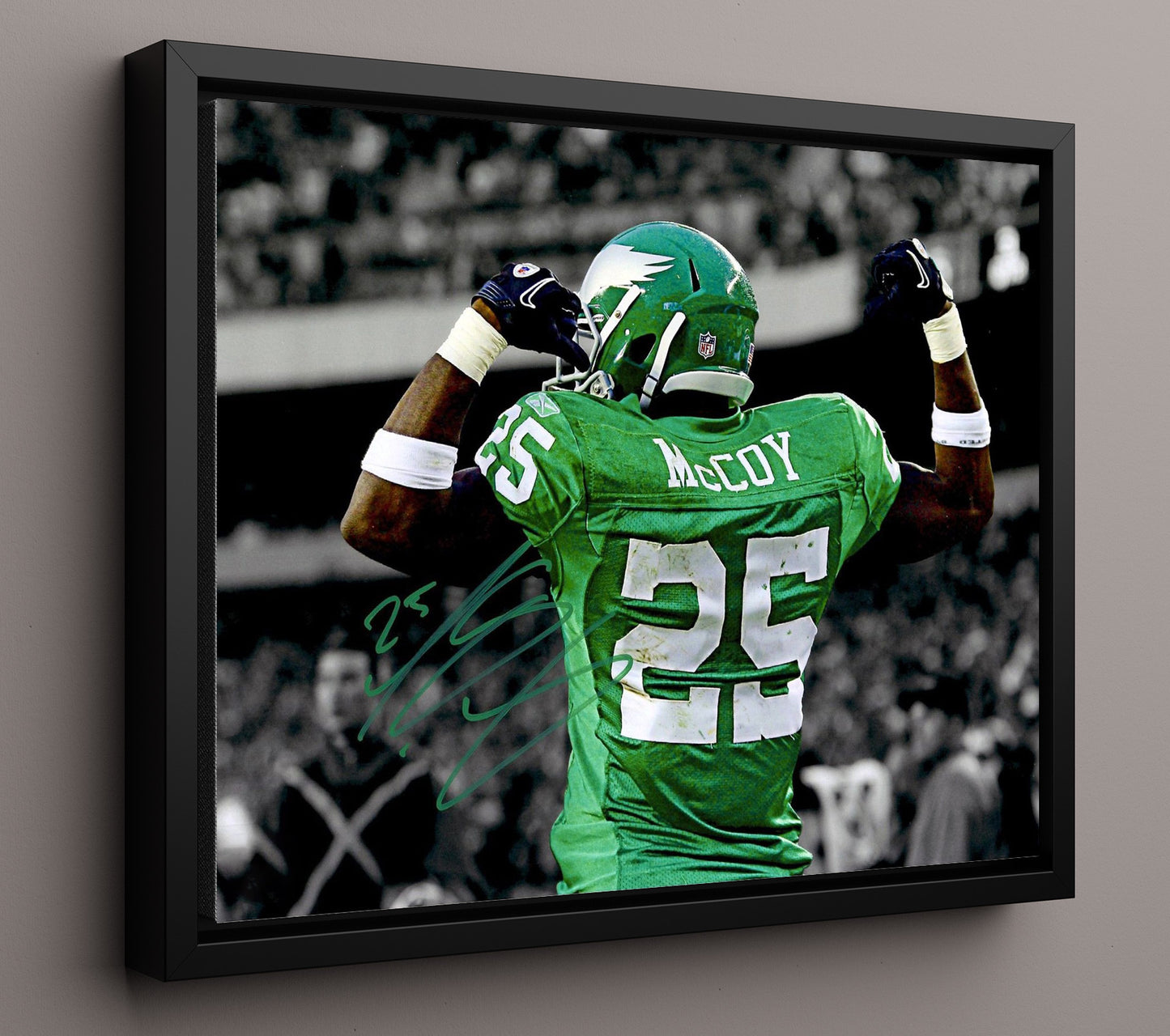 LeSean McCoy - Philadelphia Football Celebration Back Flex Vintage Football Wall Art - 16x20 Framed Canvas football decor