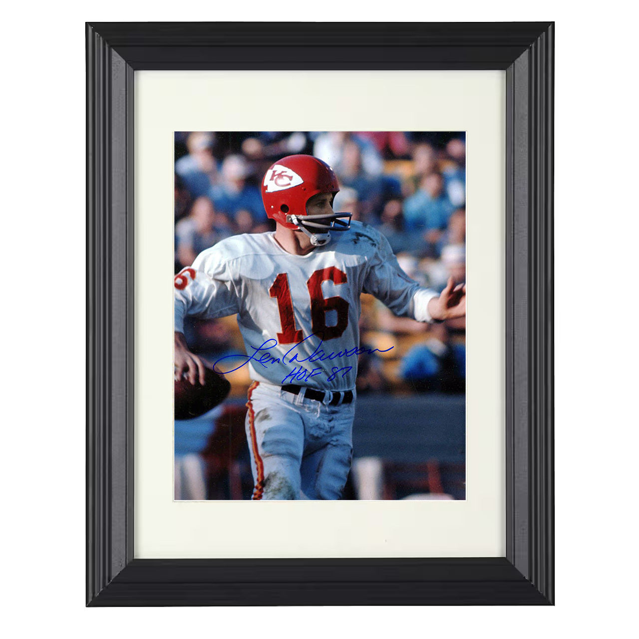 Len Dawson – Kansas City QB Rollout Pass HOF 87 – 8x10 black beveled framed football wall art