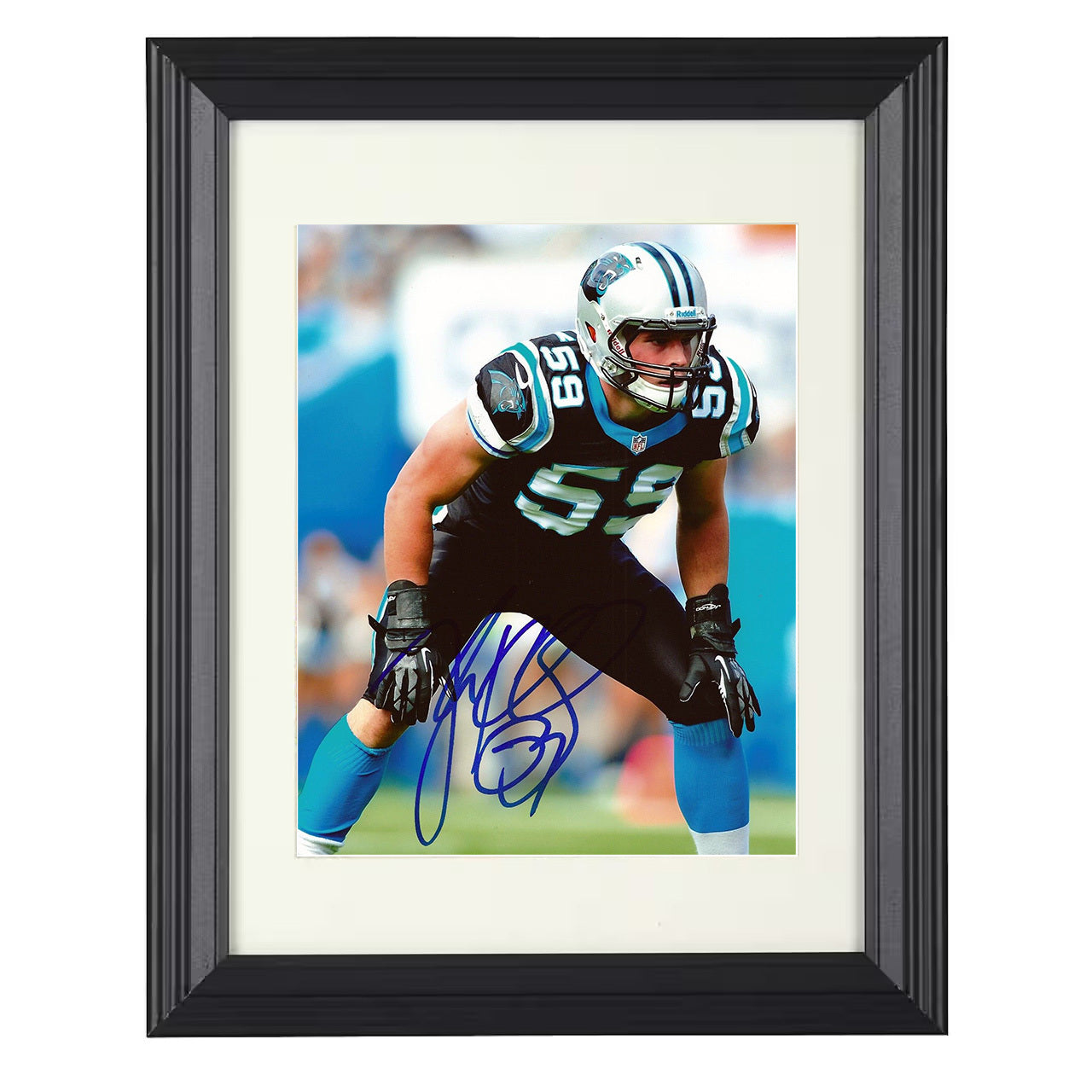 Luke Kuechly – Carolina Linebacker Knees Defense Stance – 8x10 black beveled framed football wall art